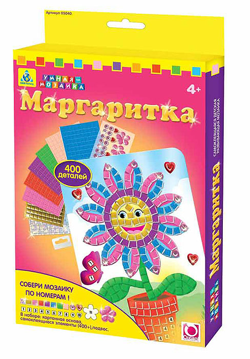 Мозаика по номерам Маргаритка05040 Мозаика по номерам Маргаритка05040Мозаика по номерам Маргаритка позволит вам и вашему ребенку без особого труда создать великолепную яркую картинку с изображением маргаритки. Этот замечательный набор стикеровой мозаики созданный специально для детей от 4-х лет, ведь подбирать и наклеивать стикеры необходимо по цифрам от 1 до 12. В набор входят: картонная основа, более 400 самоклеящихся украшений различной формы и подвес. Умная мозаика с самоклеящимися элементами отличается высоким качеством исполнения и красочным цветовым дизайном. На картонную основу уже нанесен рисунок. Процесс создания мозаики несложен и под силу даже ребенку - достаточно наклеить пронумерованные самоклеящиеся элементы на обозначенные места. Данный набор прекрасно развивает моторику рук и пространственное мышление, а также воображение и внимательность. Готовая мозаика станет отличным украшением интерьера детской комнаты или прекрасным подарком на любой праздник.