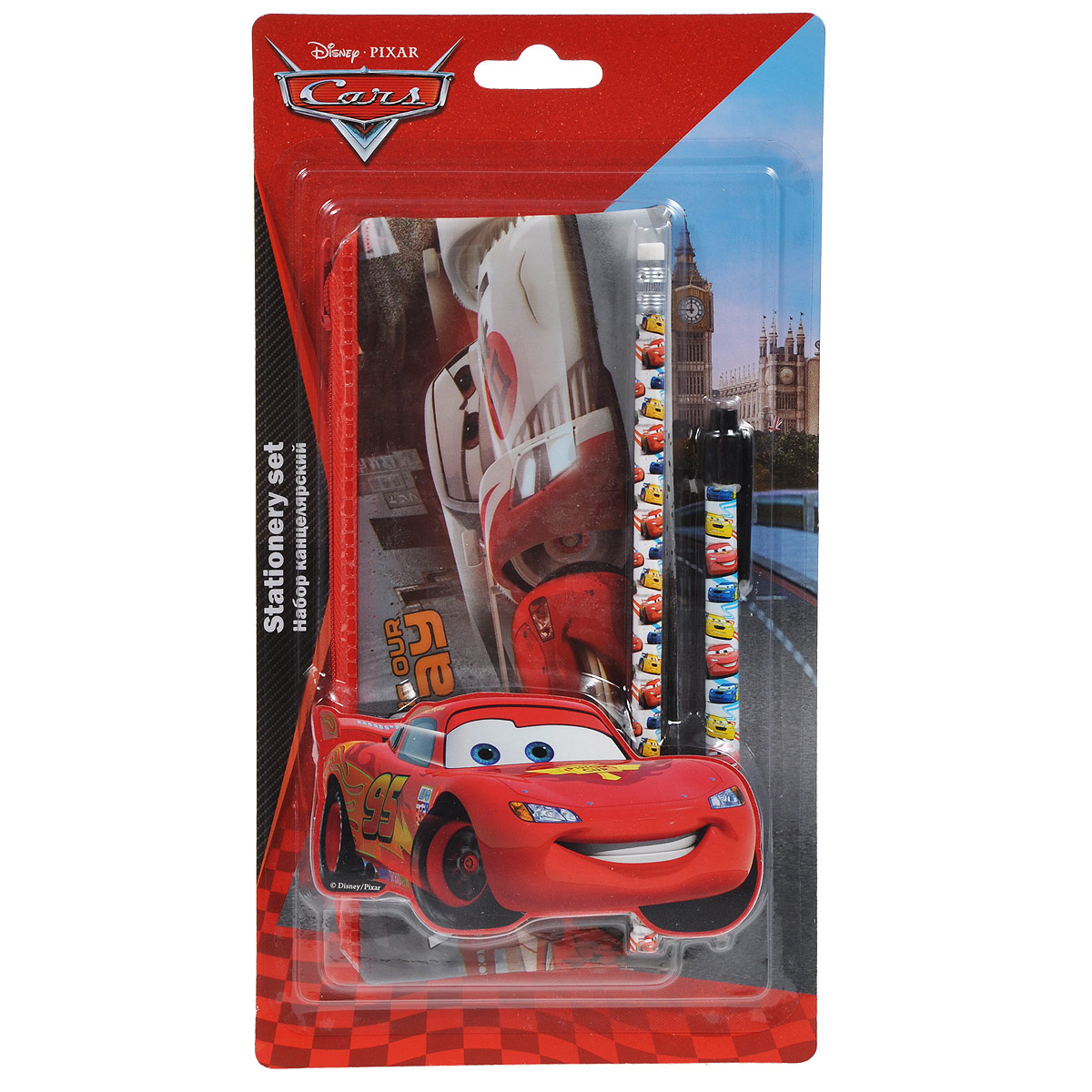 Канцелярский набор Cars, 3 предметаCRAB-US1-430-BL Канцелярский набор Cars, 3 предметаCRAB-US1-430-BLКанцелярский набор Cars станет незаменимым атрибутом в учебе любого школьника. Он включает в себя прямоугольный пенал, чернографитный карандаш с ластиком и автоматическую ручку. Пенал закрывается на застежку-молнию. Ручка снабжена прорезиненной вставкой в области захвата, подача стержня производится путем нажатия на кнопку в верхней части ручки. Все предметы набора оформлены изображениями персонажей популярного мультфильма Тачки (Cars).