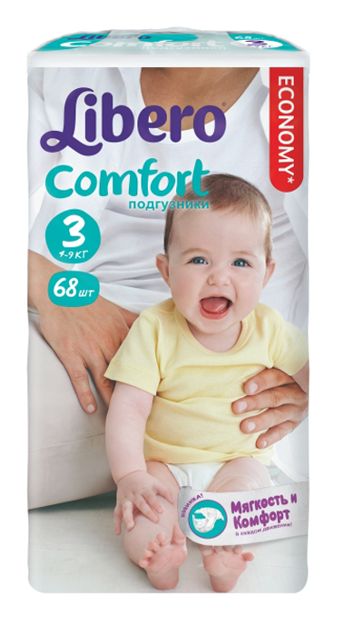 Libero Подгузники Comfort (4-9 кг) 68 шт3775 Libero Подгузники Comfort (4-9 кг) 68 шт3775Подгузники Либеро Комфорт Миди 4/9 кг (68 штук) Ваш малыш с каждым днем становится все более активным, начинает исследовать окружающий мир. Но иногда кроха не может радоваться открытиям из-за такой важной одежды, как подгузник. Мягкие и ультратонкие Libero Comfort хорошо впитывают и сидят на малыше, не стесняя его движений, дарят комфорт и радость. Мягкие и тонкие Хорошо впитывают Не содержат лосьонов Тянущиеся боковинки и эластичный поясок для более комфортного прилегания Мягкие резиночки анатомической формы вокруг ножек Позволяют коже дышать В каждой упаковке Libero Comfort вы найдете 2 разных дизайна подгузников! Libero Comfort 3 (Миди) созданы для малышей от 4-9 кг. ...