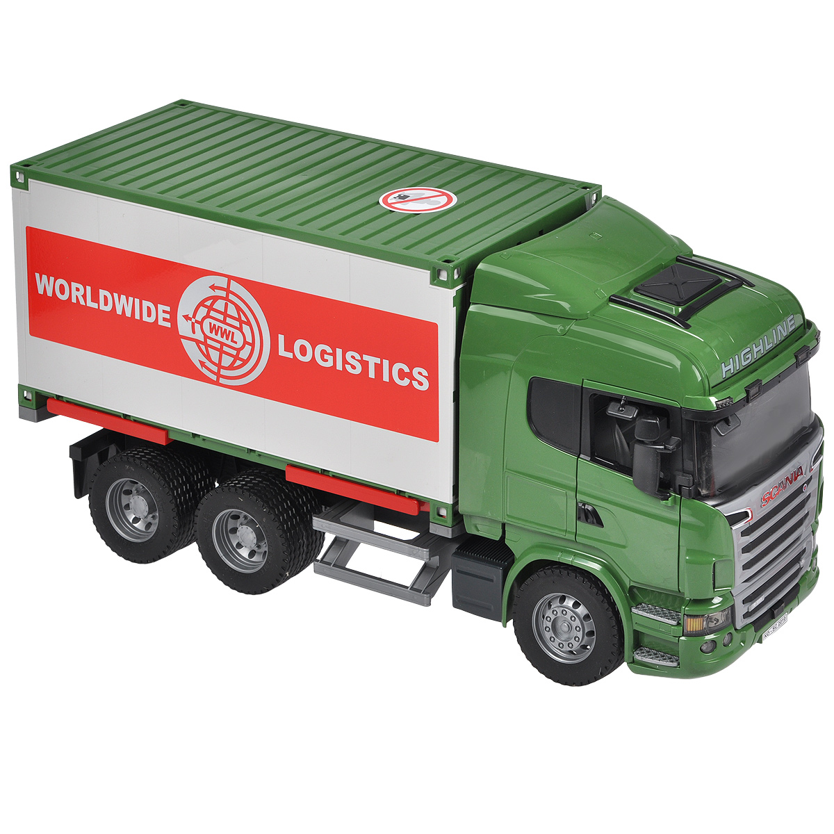 Bruder Фургон Scania03-580 Bruder Фургон Scania03-580Фургон Bruder Scania, выполненный из прочного безопасного материала зеленого, белого и красного цветов, отлично подойдет ребенку для различных игр. Машина является уменьшенной копией фургона фирмы Scania. Фургон предназначен для перевозки грузов и оснащен трехколесным механическим погрузчиком, который легко крепится к задней части машины. С помощью него в фургон можно легко загрузить различный груз. Задние двери фургона открываются на две створки. Контейнер устанавливается на четыре опоры; при необходимости его можно отсоединить и использовать отдельно. Двери водительской кабины открываются; зеркала складываются. В кабину помещается небольшая игрушка. Прорезиненные колеса обеспечивают фургону устойчивость и хорошую проходимость. В комплект входят машина, механический погрузчик и два паллета. К машине подходит модуль со световыми и звуковыми эффектами (не входит в комплект). Порадуйте своего ребенка таким замечательным подарком!