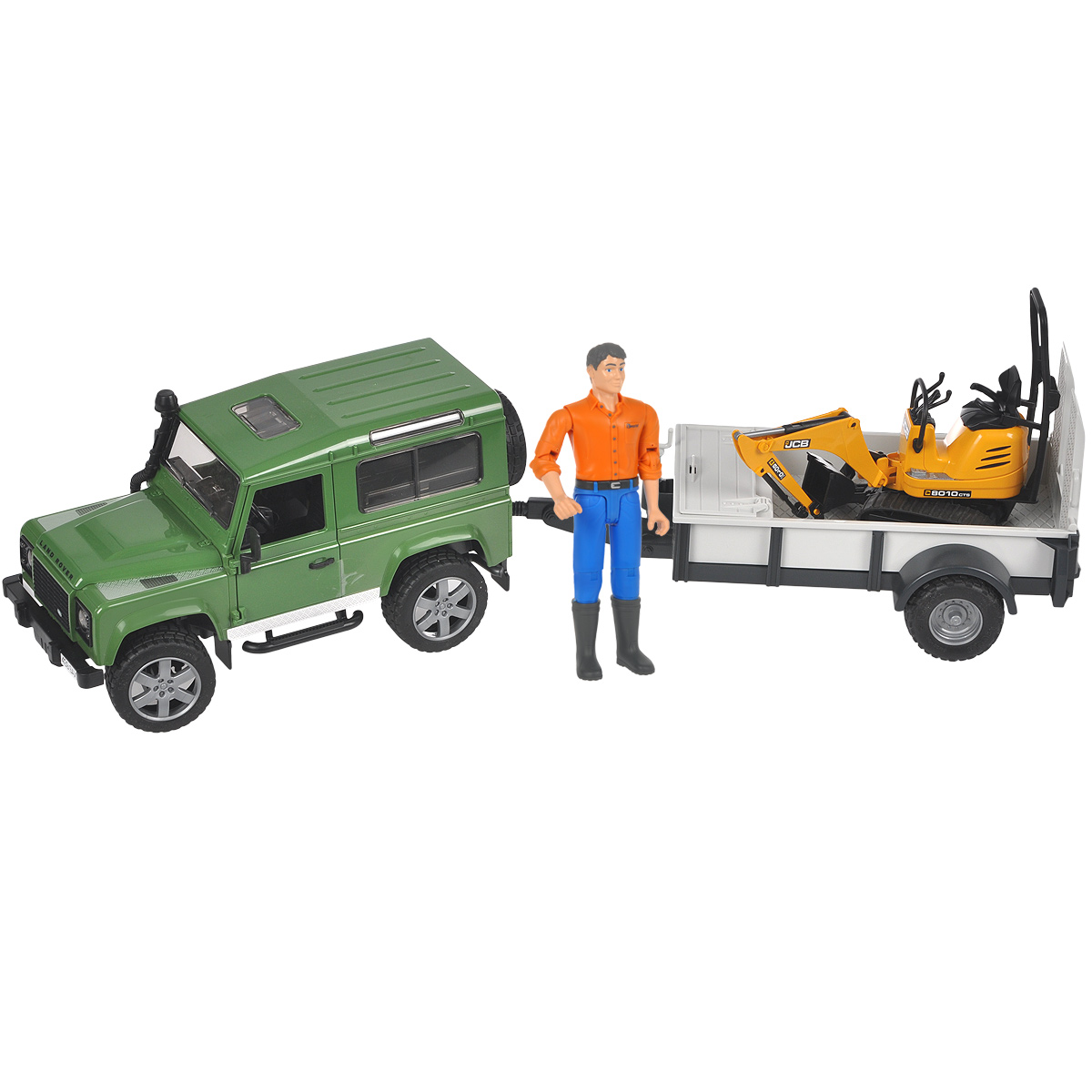 Bruder Внедорожник Land Rover Defender c прицепом и мини-экскаватором02-593 Bruder Внедорожник Land Rover Defender c прицепом и мини-экскаватором02-593Внедорожник Bruder Land Rover Defender, выполненный из прочного безопасного материала, отлично подойдет ребенку для различных игр. Машина является уменьшенной копией внедорожника фирмы Land Rover Defender. В комплект также входят прицеп-платформа, мини-экскаватор JCB. 8010 CTS и фигурка рабочего. Внедорожник отличается высокой детализацией. С левой стороны проходит выхлопная труба. Капот поднимается и крюком фиксируется в верхнем положении. Передняя и задняя оси оснащены амортизаторами. Задние сиденья снимаются, и внедорожник превращается в удобный автомобиль для перевозки грузов. К задней двери внедорожника прикреплено запасное колесо. Также внедорожник оснащен фаркопом. Дверь водителя, пассажира и задняя двери открываются и снимаются. В салон помещается небольшая фигурка или игрушка. Передние колеса поворачиваются рулем. Кроме этого, в наборе прилагается дополнительный руль (расположен на днище автомобиля), которым через крышу можно управлять колесами внедорожника. ...