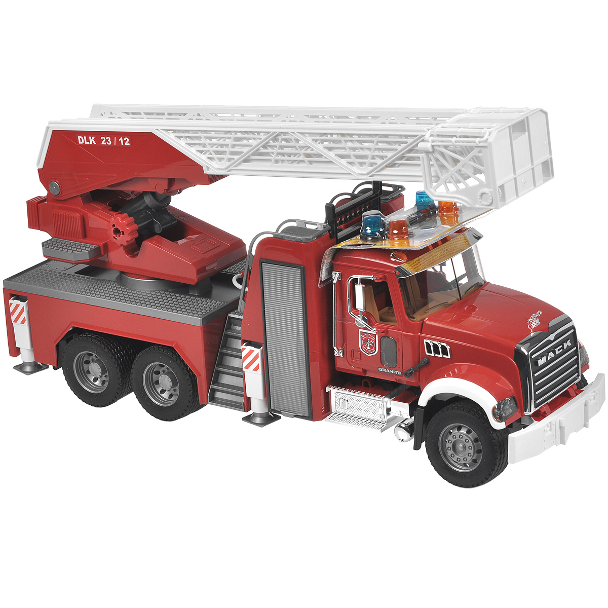 Bruder Пожарная машина Mack02-821 Bruder Пожарная машина Mack02-821Пожарная машина Bruder Mack, выполненная из прочного безопасного материала красного, серебристого и белого цветов, отлично подойдет ребенку для различных игр. Машина является уменьшенной копией пожарной машины фирмы Mack. Пожарная машина с выдвижной трёхуровневой лестницей является долгожданной новинкой. Лестница меняет угол наклона и выдвигается специальной ручкой. К лестнице прикреплена люлька, которая меняет угол наклона. Машина оснащена пожарным рукавом с ёмкостью для воды и функционирующим помповым насосом. Платформа машины поворачивается на 360°, Двери водительской кабины открываются, зеркала складываются, есть ящик для инструментов, оснащена четырьмя опорами для устойчивости. Капот поднимается (открывается доступ к двигателю). Машина выделяется хромированными элементами - радиатором, баком, козырьком, поручнями, зеркалами, выхлопной трубой. Колёса прорезинены. Специальный модуль с мигающими лампочками и звуком продолжительностью 18 секунд (4 режима - гудок, звук...