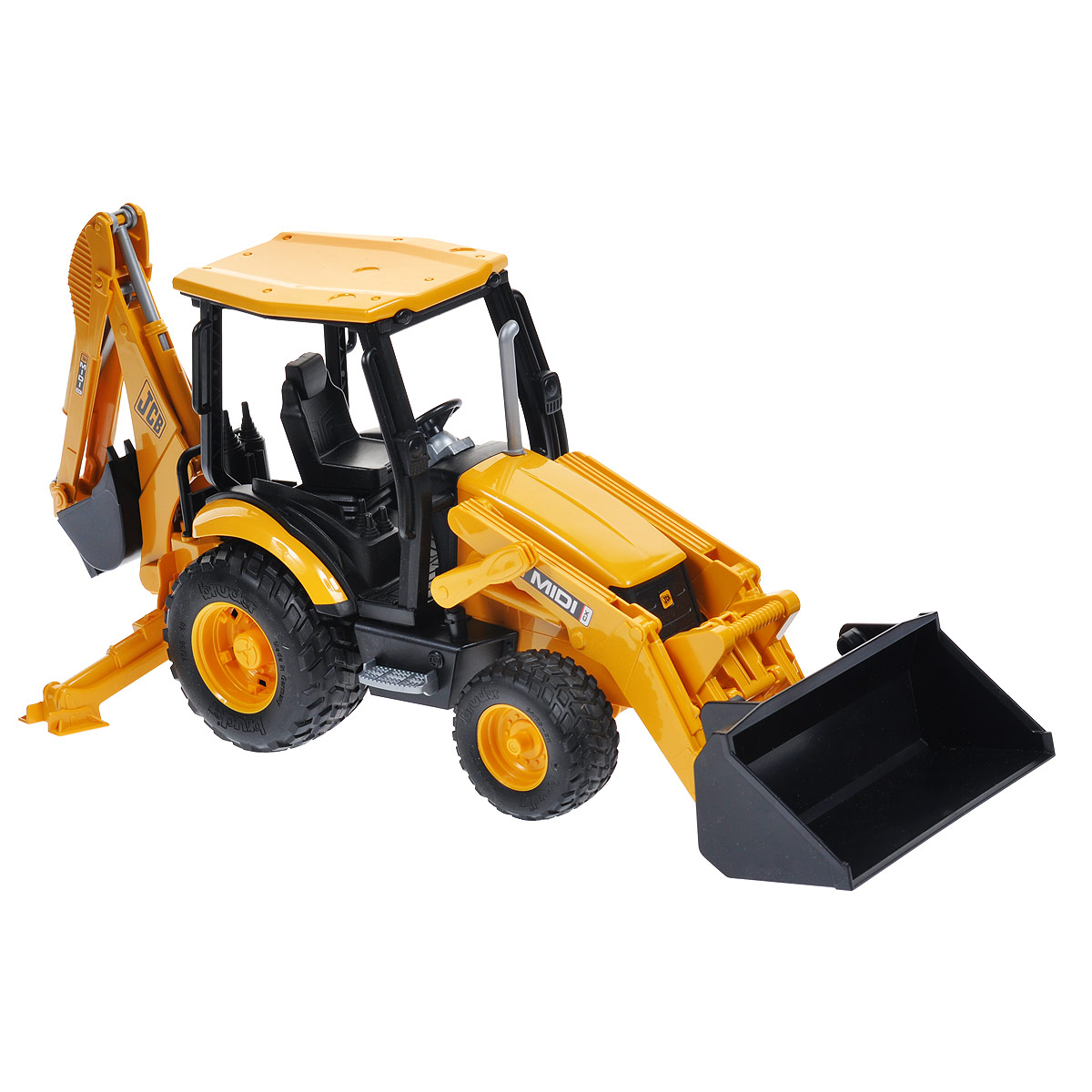 Bruder Экскаватор–погрузчик колесный JCB MIDI CX02-427 Bruder Экскаватор–погрузчик колесный JCB MIDI CX02-427Колесный экскаватор-погрузчик Bruder JCB MIDI CX, выполненный из прочного материала, отлично подойдет ребенку для различных игр. Машина является уменьшенной копией экскаватора-погрузчика фирмы JCB. Колесный экскаватор выполняет две функции – погрузчика и экскаватора. Ковш погрузчика поднимается вверх/вниз, меняет угол наклона для (загрузки/разгрузки) и способен зафиксироваться в верхнем положении. Манипулятор экскаватора поворачивается на 180°, две опоры обеспечивают устойчивое положение. Экскаватором легко копать, держась за его стрелу. Сиденье экскаваторщика крутится на 360°. Одна из осей экскаватора снабжена амортизатором. Можно легко заменить навесное оборудование экскаватора. Колеса экскаватора прорезинены, что обеспечивает ему дополнительную устойчивость и хорошее сцепление с дорогой. С этим реалистично выполненным экскаватором ваш малыш часами будет занят игрой.