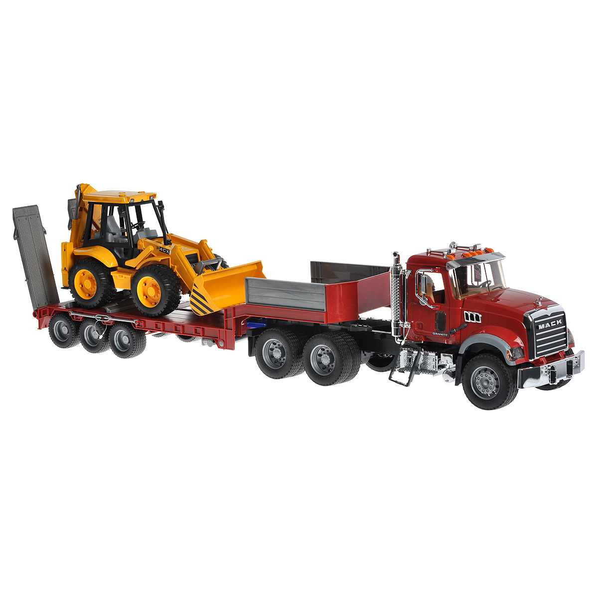 Bruder Тягач Mack с экскаватором–погрузчиком02-813 Bruder Тягач Mack с экскаватором–погрузчиком02-813Тягач Bruder Mack, выполненный из прочного безопасного материала, отлично подойдет ребенку для различных игр. Машина является уменьшенной копией тягача фирмы Mack. В комплект также входят прицеп-платформа и экскаватор-погрузчик JCB 4CX. Тягач предназначен для буксировки различных крупных транспортных средств. К нему крепится отсоединяемая прицеп-платформа, устанавливающаяся на две опоры. Платформа снабжена башмаками для фиксации транспортных средств. Настил платформы опускается для загрузки транспортных средств. К тягачу крепится запасное колесо. Двери водительской кабины тягача открываются; зеркала складываются. Тягач дополнен хромированными элементами: радиатором, баком, козырьком, поручнями, зеркалами и выхлопной трубой. Колесный экскаватор выполняет две функции - погрузчика и экскаватора. Ковш погрузчика поднимается вверх/вниз, меняет угол наклона (для загрузки/разгрузки), а также способен фиксироваться в верхнем положении. Манипулятор экскаватора...