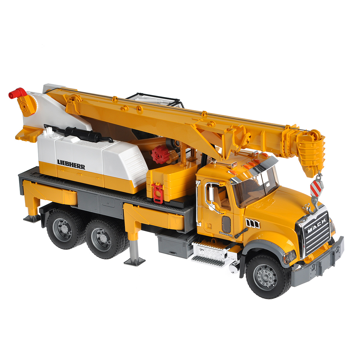 Bruder Автокран Mack Liebherr02-818 Bruder Автокран Mack Liebherr02-818Автокран Bruder Mack Liebherr, выполненный из прочного безопасного материала, отлично подойдет ребенку для различных игр. Машина является уменьшенной копией автокрана фирмы Mack. Автокран оборудован телескопической стрелой, выдвигающейся специальной ручкой и способной поднять груз на высоту 1,3 метра. Стрела при необходимости меняет угол наклона. Платформа автокрана поворачивается на 360°. Также машина оснащена четырьмя опорами для устойчивости, ящиком для инструментов и емкостью утяжелителем, в которую насыпается песок для равновесия. Веревка с крюком скручивается лебедкой. Капот автокрана поднимается, что обеспечивает доступ к двигателю; зеркала складываются. Двери водительской кабины и дверь крановщика открываются. В обе кабины может поместиться небольшая игрушка. Автокран дополнен хромированными элементами: радиатором, баком, козырьком, поручнями, зеркалами и выхлопной трубой. Прорезиненные колеса обеспечивают машине устойчивость и хорошую проходимость. ...