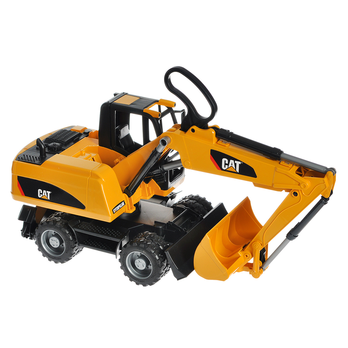 Bruder Экскаватор колесный Cat02-445 Bruder Экскаватор колесный Cat02-445Колесный экскаватор Bruder Cat, выполненный из прочного материала, отлично подойдет ребенку для различных игр. Машина является уменьшенной копией экскаватора фирмы Cat. Экскаватор оснащен небольшим отвалом и ковшом, с помощью которых можно перемещать материалы (камушки, песок, веточки и др.), убирать строительный мусор или расчищать площадку. Мощная машина за считанные минуты справляется с большой глыбой песка. Экскаватором легко копать, держась за ручку на его стреле. Платформа экскаватора поворачивается на 360°. Две опоры обеспечивают устойчивое положение. Можно заменить навесное оборудование экскаватора. Колеса машины прорезинены, что обеспечивает ему дополнительную устойчивость и хорошее сцепление с дорогой. С этим реалистично выполненным экскаватором ваш малыш часами будет занят игрой.