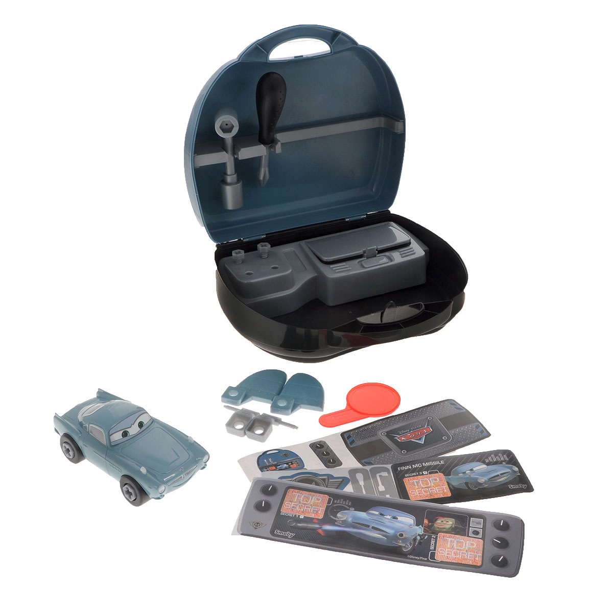 Игрушка-конструктор Smoby Тачки: Финн, в чемоданчике500166 Игрушка-конструктор Smoby Тачки: Финн, в чемоданчике500166Игрушка-конструктор Smoby Тачки: Финн обязательно привлечет внимание вашего малыша. В комплект входят 3 листа с наклейками для оформления чемоданчика, машинка-конструктор, панель-контейнер, дополнительные элементы машинки: 2 крыла, 2 автомата, 2 болта, а также отвертка, баллонный ключ и лупа-проявитель. Направьте лупу на изображение на наклейках - и увидите скрытое изображение. При помощи пластиковой отвертки игрушку можно разбирать и собирать множество раз, как конструктор. Игрушка выполнена из прочного пластика ярких цветов. Все элементы конструктора имеют увеличенные размеры и малыш сможет легко собрать их самостоятельно. Колесики машинки вращаются. Все элементы конструктора упакованы в удобный чемоданчик, на внутренней стороне которого расположена пластиковая стойка для инструментов. С такой игрушкой ваш ребенок весело проведет время, играя на детской площадке или в песочнице. А процесс сборки игрушки-конструктора поможет малышу развить мелкую моторику...