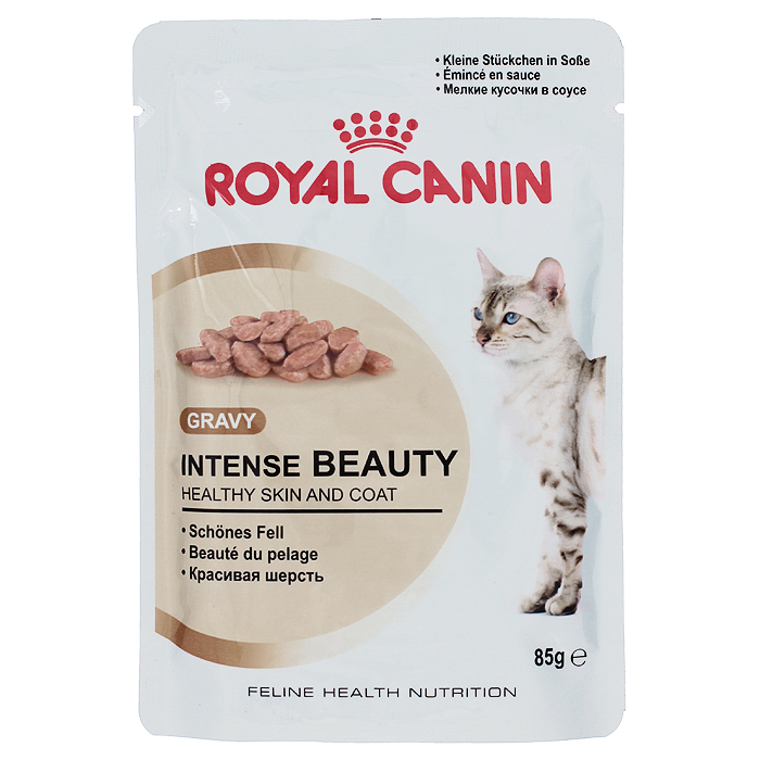 Консервы Royal Canin Intense Beauty, для кошек, поддержание красоты шерсти, 85 г17062 Консервы Royal Canin Intense Beauty, для кошек, поддержание красоты шерсти, 85 г17062Консервы Royal Canin Intense Beauty - полнорационный влажный корм подходит взрослым кошкам старше 1 года. Кожа и шерсть кошки – отражение ее здоровья. Широкий спектр питательных веществ, стимулирующих обновление и укрепление шерстного покрова. У взрослых кошек и котов, особенно стерилизованных или кастрированных, может развиться мочекаменная болезнь. Особая диета должна обеспечивать кошек всеми питательными веществами, необходимыми для поддержания их жизненной энергии, помогая при этом сохранить идеальный вес. Комплекс для блестящей шерсти. Корм Intense Beauty 12 питает шерсть кошки и помогает сохранять ее блеск благодаря высокому содержанию жирных кислот Омега 3 и 6, витаминов группы B, биотина и цинка. Здоровая мочевыделительная система. Формула корма помогает поддержать здоровье мочевыделительной системы кошки, сокращая концентрацию минеральных веществ, способствующих образованию мочевых камней. Поддержание...