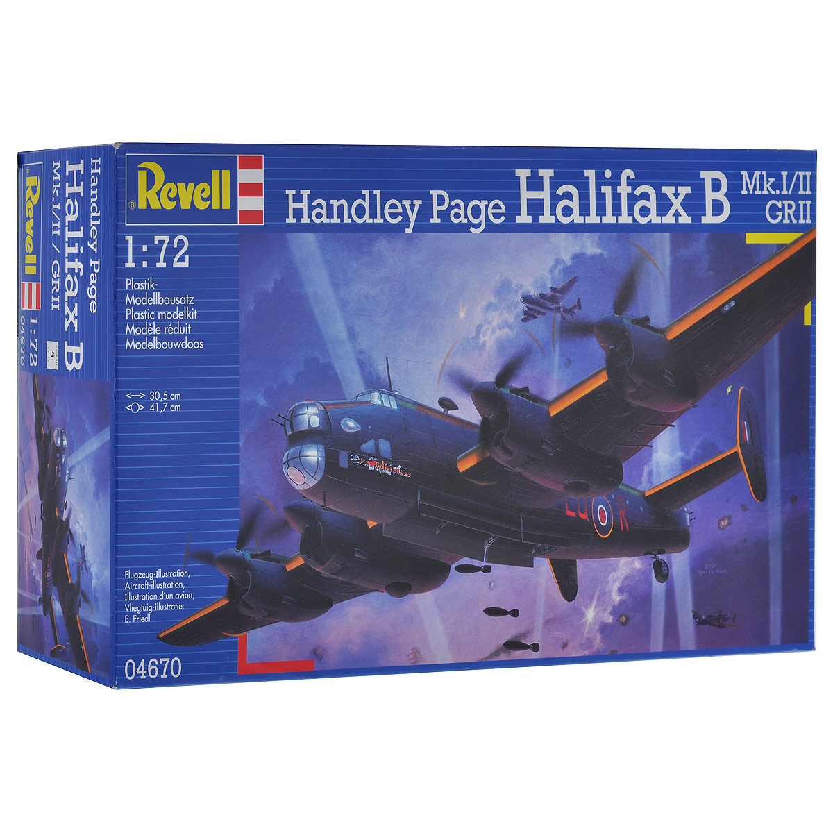 Сборная модель Revell Самолет-бомбардировщик Handley Page Halifax B Mk.I/II4670 Сборная модель Revell Самолет-бомбардировщик Handley Page Halifax B Mk.I/II4670Сборная модель Revell Самолет-бомбардировщик Handley Page Halifax B Mk.I/II поможет вам и вашему ребенку придумать увлекательное занятие на долгое время. Набор включает в себя 338 пластиковых элементов, из которых можно собрать достоверную уменьшенную копию одноименного английского самолета-бомбардировщика. Галифакс оставался на вооружении до конца войны. Кроме Королевских ВВС, состоял на вооружении Королевских Австралийских ВВС, Королевских Новозеландских ВВС, Королевских Канадских ВВС, а также ВВС Франции, ВВС Пакистана и ВВС Египта. За время службы в Королевских ВВС Галифаксы совершили 82 773 самолето-вылета и сбросили 224 тысячи тонн авиабомб. Всего было построено 6 178 различных модификаций данного самолета. Также в наборе схематичная инструкция по сборке. Процесс сборки развивает интеллектуальные и инструментальные способности, воображение и конструктивное мышление, а также прививает практические навыки работы со схемами и чертежами. Уровень сложности: 5....