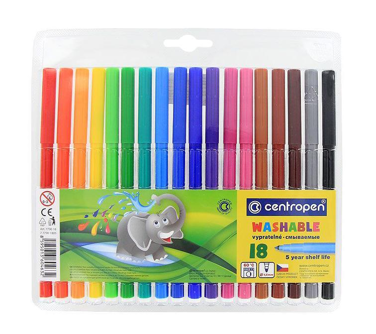 Набор смываемых фломастеров Centropen, 18 цветов7790/18 TP Набор смываемых фломастеров Centropen, 18 цветов7790/18 TPОт производителя Яркий практичный набор фломастеровCentropen с продуманной палитрой цветов, непременно понравится вашему ребенку. Фломастеры легко смываются с рук даже холодной водой и очень легко отстирываются. В соответствии с требованиями к безопасности, фломастеры снабжены вентилируемыми колпачками. Корпус из полипропилена предохраняет чернила от преждевременного высыхания, гарантирует длительный срок службы. Фломастеры подходят как для рисования, так и для письма. Набор содержит 18 фломастеров ярких насыщенных цветов. Характеристики: Длина фломастера: 15 см. Размер упаковки: 21 см х 19 см х 1 см.