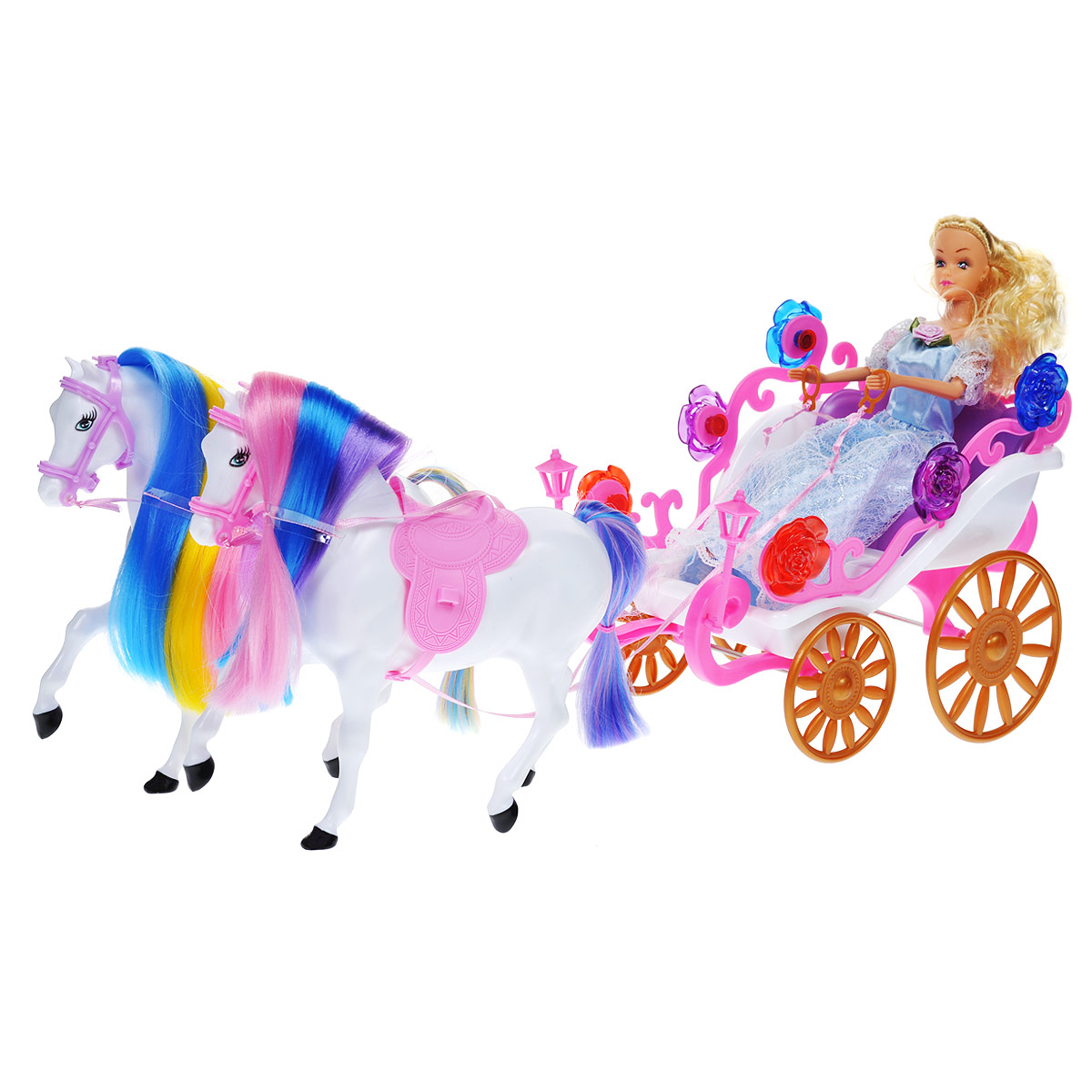 WSBD World Игровой набор с куклой Horses&Carriage1112 WSBD World Игровой набор с куклой Horses&Carriage1112Этот игровой набор позволит вашей малышке окунуться в сказочный мир. В него входит повозка, оформленная декоративными элементами, две лошадки, очаровательная куколка, пара туфелек и аксессуары для игры: расческа, гребешок и зеркальце с ручкой. У лошадок длинные цветные гривы и хвосты. Куколка со светлыми волосами одета в великолепное нежно-голубое платье. Порадуйте вашего ребенка таким замечательным подарком!