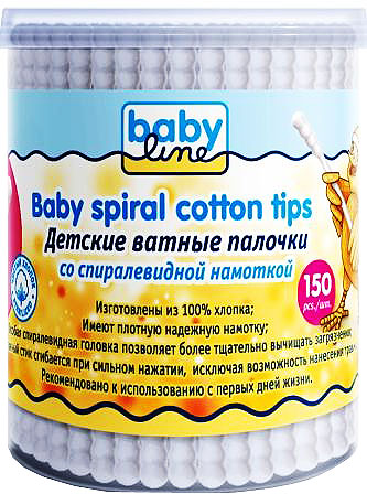 BabyLine Ватные палочки, детские, со спиралевидной намоткой, 150 штDB032 BabyLine Ватные палочки, детские, со спиралевидной намоткой, 150 штDB032Детские ватные палочки со спиралевидной намоткой предназначены для ухода за ушами, носом и пупком малыша, а также для удаления излишней влаги в складках кожи и между пальцами, подходят для снятия макияжа. Особая спиралевидная головка позволяет более тщательно вычищать загрязнения. Товар сертифицирован.
