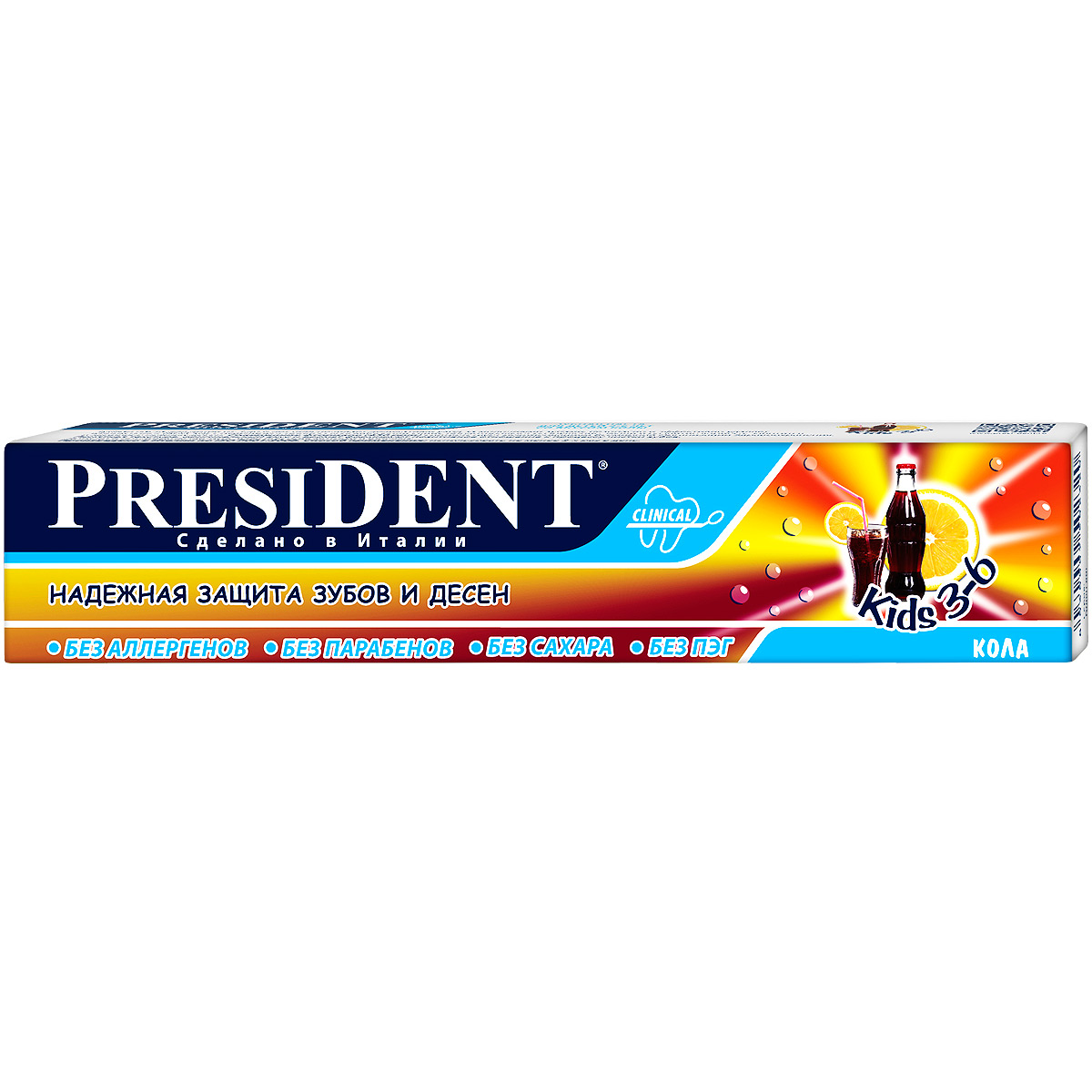 President Детская зубная паста Kids 3-6, со вкусом колы, 50 мл18025 President Детская зубная паста Kids 3-6, со вкусом колы, 50 мл18025Детская зубная паста President Kids 3-6 разработана для детей от 3 до 6 лет и предназначена для эффективного ухода за молочными зубами и деснами. Специальная формула обеспечивает деликатное удаление зубного налета, предупреждает развитие кариеса и образование зубного камня. Оригинальный вкус колы превращает чистку зубов не только в полезную, но и приятную процедуру. Товар сертифицирован.