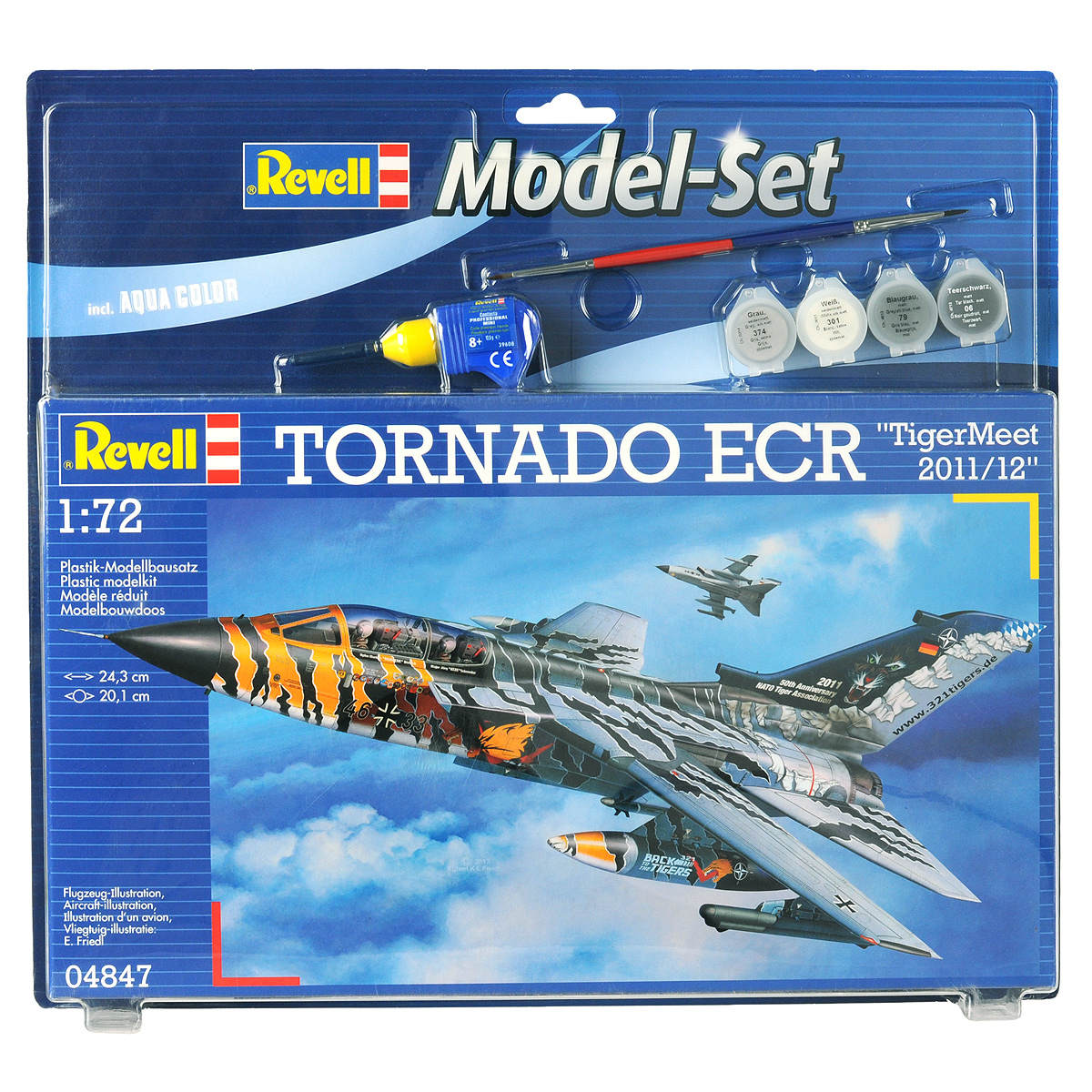 Набор для сборки и раскрашивания модели Revell Самолет-бомбардировщик Tornado ECR TigerMeet 2011/1204847 Набор для сборки и раскрашивания модели Revell Самолет-бомбардировщик Tornado ECR TigerMeet 2011/1204847Набор для сборки и раскрашивания модели Revell Самолет-бомбардировщик Tornado ECR TigerMeet 2011/12 вы и ваш ребенок сможете собрать уменьшенную копию одноименного самолета. Tornado - реактивный истребитель-бомбардировщик с крылом изменяемой стреловидности. Был разработан в середине 1970-х годов. До сих пор состоит на вооружении ВВС ряда европейских и ближневосточных стран. Торнадо активно применялись во время войны в Персидском заливе, а также во время операции НАТО в Югославии. Всего во время боевых действий было потеряно 9 машин. Набор включает в себя 155 пластиковых элементов для сборки модели, краски четырех цветов, двустороннюю кисточку, клей и схематичную инструкцию по сборке. Благодаря набору ваш ребенок научится различать цвета, творчески решать поставленные задачи, разовьет интеллектуальные и инструментальные способности, воображение, конструктивное мышление, внимание, терпение и кругозор. Уровень сложности: 4.