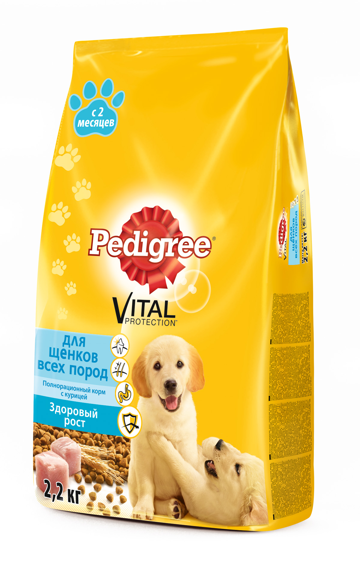 Корм сухой Pedigree для щенков всех пород, с курицей, 2,2 кг37964 Корм сухой Pedigree для щенков всех пород, с курицей, 2,2 кг37964Сухой корм Pedigree с курицей - это полнорационный корм для щенков в возрасте от 2 месяцев, созданный с учетом потребностей щенков в период наиболее интенсивного роста. Он состоит из качественных и натуральных ингредиентов: мяса, овощей, злаков. Поэтому Pedigree способствует здоровому росту и гармоничному развитию вашего щенка. Он также создан с учетом особенностей пищеварения самых маленьких, легко усваивается и обеспечивает правильную работу их желудочно-кишечного тракта. Баланс кальция и фосфора для поддержания здорового развития зубов. Линолевая кислота и цинк необходимы для здоровья кожи и шерсти. Высокоусвояемые ингредиенты и клетчатка для оптимального пищеварения. Витамин E и цинк поддерживают иммунную систему. Состав: куриная мука, пшеница, рис, свекольный жом, кукуруза, мясная мука, подсолнечное масло, жир животный, пивные дрожжи, минералы, витамины, глюкозамин. Пищевая ценность (на 100 г): белки - 30 г; жиры - 12 г; зола - 7 г; клетчатка - 4 г;...