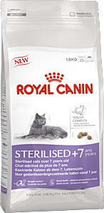 Корм сухой Royal Canin Sterilised 7+, для стерилизованных кошек в возрасте старше 7 лет, 1,5 кг4566 Корм сухой Royal Canin Sterilised 7+, для стерилизованных кошек в возрасте старше 7 лет, 1,5 кг4566Сухой корм Royal Canin Sterilised 7+ - корм для стерилизованных кошек старше 7 лет. Стерилизация увеличивает среднюю продолжительность жизни кошки, но также повышает риски возрастных заболеваний. Например, у стерилизованных кошек с возрастом повышается риск образования мочевых камней. Поддержание здоровья в старости. Корм помогает сохранять молодость кошки благодаря запатентованному* комплексу витаминов и питательных веществ с антиоксидантными свойствами и полифенолам зеленого чая и винограда. Хондропротекторные вещества и незаменимые жирные кислоты EPA и DHA, содержащиеся в этом продукте, поддерживают здоровье суставов кошки. Контроль веса тела: корм помогает сохранять оптимальный вес стерилизованной кошки за счет контроля потребления калорий и крахмала. Добавление L-карнитина (100 мг/кг) способствует мобилизации жировых отложений. Обеспечение здоровья почек – адекватное содержание фосфора: адаптированный уровень фосфора (0,79%)...
