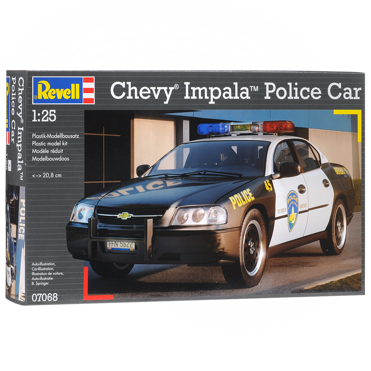 Сборная модель Revell Полицейская машина Chevy Impala07068 Сборная модель Revell Полицейская машина Chevy Impala07068Сборная модель Revell Полицейская машина Chevy Impala поможет вам и вашему ребенку придумать увлекательное занятие на долгое время. Набор включает в себя 44 пластиковых элемента, из которых можно собрать достоверную уменьшенную копию одноименного автомобиля. Chevrolet Impala - культовый американский полноразмерный автомобиль, выпускавшийся подразделением корпорации GM Chevrolet. В модельном ряду автомобиль занимал различное положение в зависимости от года выпуска. До 1965 года это был самый дорогой легковой Шевроле. С 1965 по 1985 Импала занимала по цене промежуточное положение между люксовой модификацией Chevrolet Caprice и дешевыми Chevrolet Bel Air и Biscayne. Также в наборе схематичная инструкция по сборке. Процесс сборки развивает интеллектуальные и инструментальные способности, воображение и конструктивное мышление, а также прививает практические навыки работы со схемами и чертежами. Уровень сложности: 3. УВАЖАЕМЫЕ КЛИЕНТЫ! ...