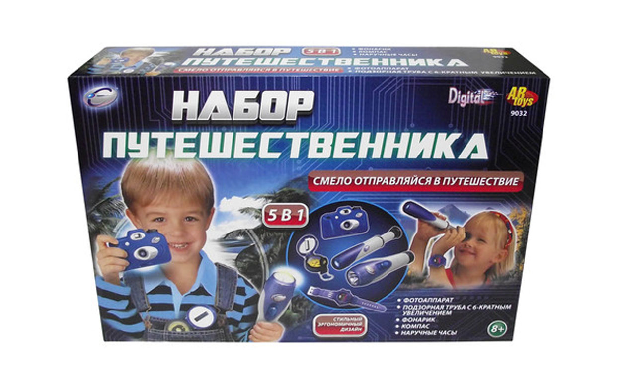Игровой набор Eastcolight Набор путешественника, 5 предметов9032 Игровой набор Eastcolight Набор путешественника, 5 предметов9032Игровой набор Eastcolight Набор путешественника станет замечательным подарком для вашего ребенка и позволит ему почувствовать себя настоящим натуралистом. Набор включает в себя все необходимое: фотоаппарат, компас, наручные часы, подзорную трубу, фонарик и подробную инструкцию на русском языке. С таким набором путешествия станут еще увлекательнее. Корпусы всех предметов выполнены из прочного пластика и имеют оригинальный стильный дизайн. Фотоаппарат позволяет делать качественные снимки на улице и в помещении, он невероятно прост в применении - с этим справится даже малыш. Фотоаппарат использует 35 мм пленку (в комплект не входит). Подзорная труба имеет телескопический корпус, что позволяет складывать ее и делает ее удобной для транспортировки и хранения. Она обеспечивает 6-кратное увеличение. Фонарик оснащен удобным пластиковым креплением, которое позволяет надежно зафиксировать его на ремне. Наручные часы с цифровым дисплеем позволяет малышу всегда узнавать...