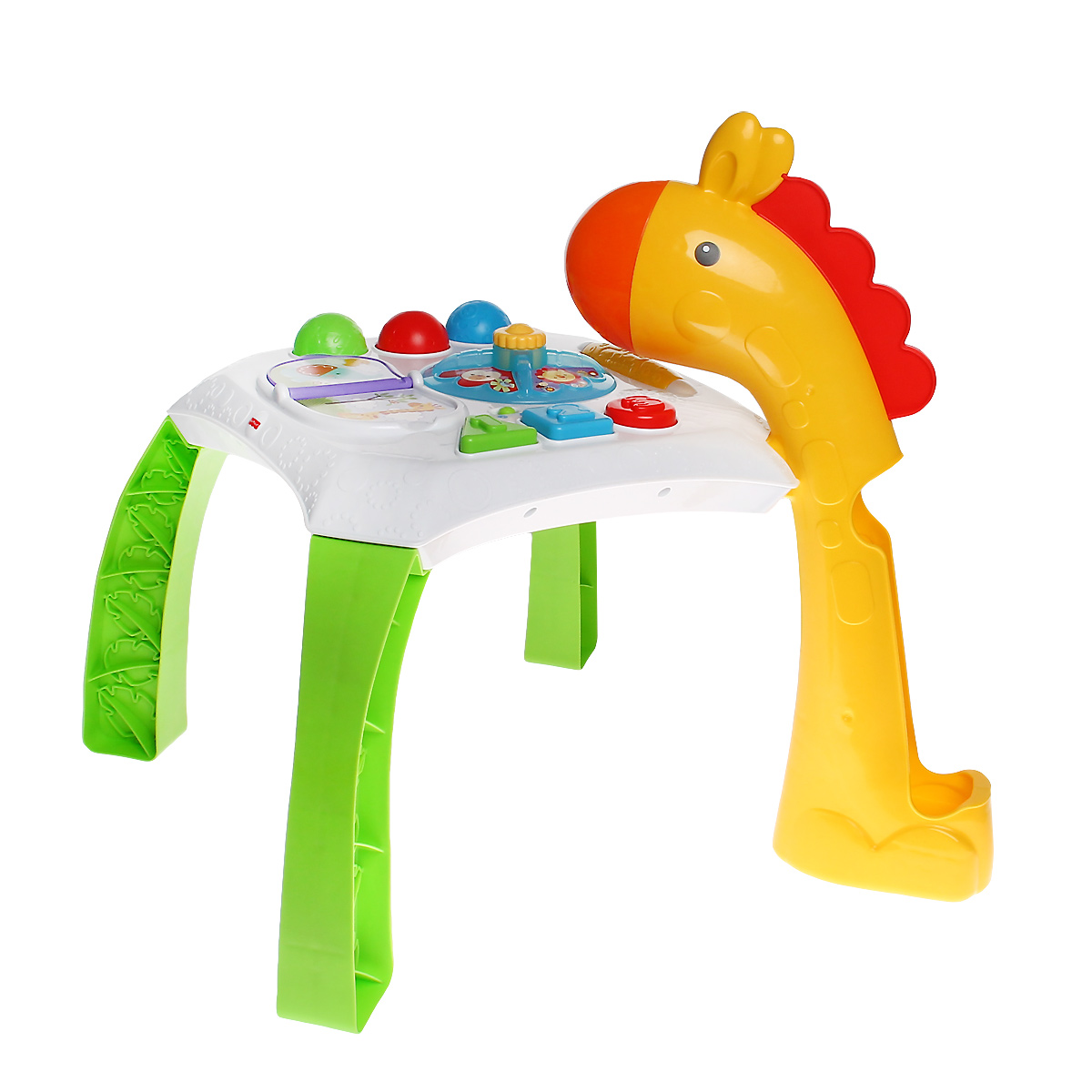 Fisher-Price Обучающий столик Веселые животныеCCP66 Fisher-Price Обучающий столик Веселые животныеCCP66Обучающий столик Fisher-Price Веселые животные со световыми и звуковыми эффектами замечательно подойдет для увлекательных и познавательных игр малыша. Столик представляет собой игровую платформу, к которой крепятся четыре широкие ножки, одна из которых представляет шею жирафа. В ней имеется небольшое отверстие, в которое ребенок сможет опускать один из трех ярких шариков, входящих в комплект, и наблюдать, как они скатываются вниз. На столешнице расположены четыре развивающий элемент, имитирующий книжку с веселыми рисунками, небольшая крутящаяся платформа с забавными зверятами, барабан-погремушка и три разноцветные кнопки в виде геометрических фигур с цифрами от 1 до 3. Действия малыша активируют функции игрушки. Малыш может листать книжку, нажимать на кнопки или раскручивать животных, чтобы активировать огоньки, звуки или музыку. Также в столешнице имеются специальные углубления для трех водящих в комплект шариков. Ребенку понравится изучать столик сидя, а по мере...