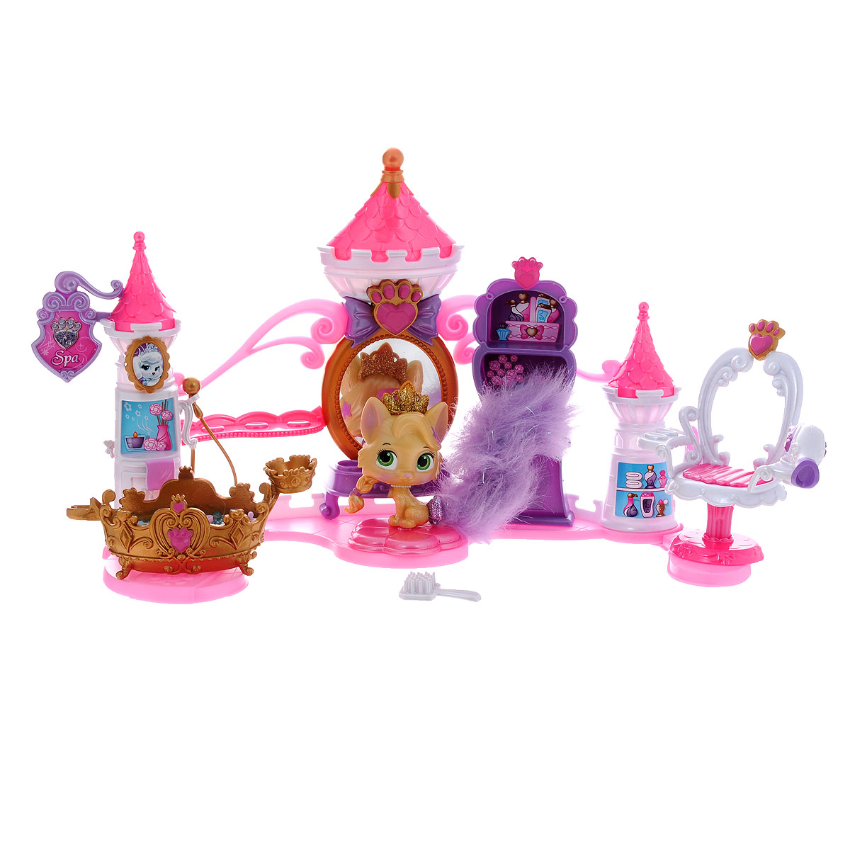 Игровой набор Palace Pets Cалон красоты, 12 предметов23371/76087 Игровой набор Palace Pets Cалон красоты, 12 предметов23371/76087Игровой набор Palace Pets Салон красоты порадует любую девочку! Волшебный набор представляет собой самый настоящий салон красоты для питомцев принцесс. Он включает в себя салон с вращающимся креслом и великолепной золотистой ванной с пузырьками, фигурку котенка Саммер, и целый набор аксессуаров для ухода за очаровательным питомцем. Салон красоты выполнен из прочного пластика и может складываться для удобства хранения и транспортировки. С этим волшебным набором малышка сможет почувствовать себя настоящим модным стилистом, и поможет котенку Саммер привести шерстку в порядок. Длинный пушистый хвост котенка можно расчесывать и украшать входящими в набор заколками. При помощи расчески с губкой нанесите холодную воду на лапки и тело питомца - и на нем проявятся красочные узоры. Ваша малышка сможет часами играть с этим замечательным набором, наряжая очаровательного котенка и придумывая различные истории. Он непременно станет любимой игрушкой девочки, и понравится каждой...