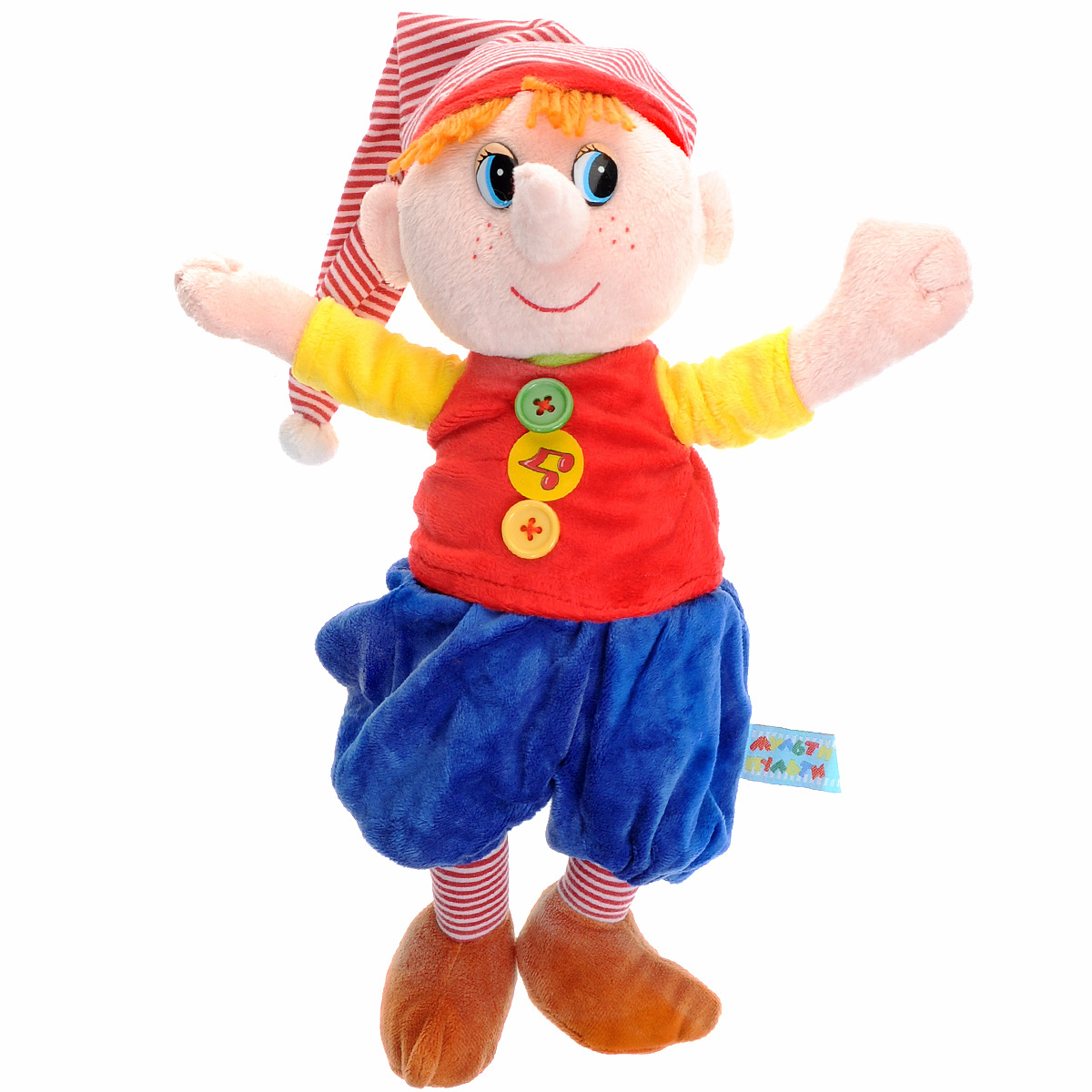 Мягкая озвученная игрушка Мульти-Пульти Буратино, 30 cмV40595/30wh Мягкая озвученная игрушка Мульти-Пульти Буратино, 30 cмV40595/30whМягкая озвученная игрушка Мульти-Пульти Буратино вызовет улыбку у каждого, кто ее увидит! Она выполнен в виде всем известного мультипликационного персонажа, из мультфильма Приключения Буратино. Туловище игрушки - мягконабивное, глазки - пластик. Одет в синие штанишки, коричневые ботиночки, красную кофточку на пуговицах и полосытый колпак на голове. Если нажать игрушке на животик, Буратино засмеется и произнесет фразы своего героя: Здесь какая-то страшная тайна, Привет, Если есть ключик, то дверь обязательно найдется, Мне надо купить папе Карло куртку, азбуку и в школу, А ведь приключением скажу я вам, ничего не добьешься, Все занют, что меня зовут Бу! Ра! Ти! Но! Буратино! и многое другое. Игрушка подарит своему обладателю хорошее настроение и позволит насладиться обществом любимого героя. Рекомендуется докупить 3 батарейки напряжением 1,5V типа LR44 (товар комплектуется демонстрационными).