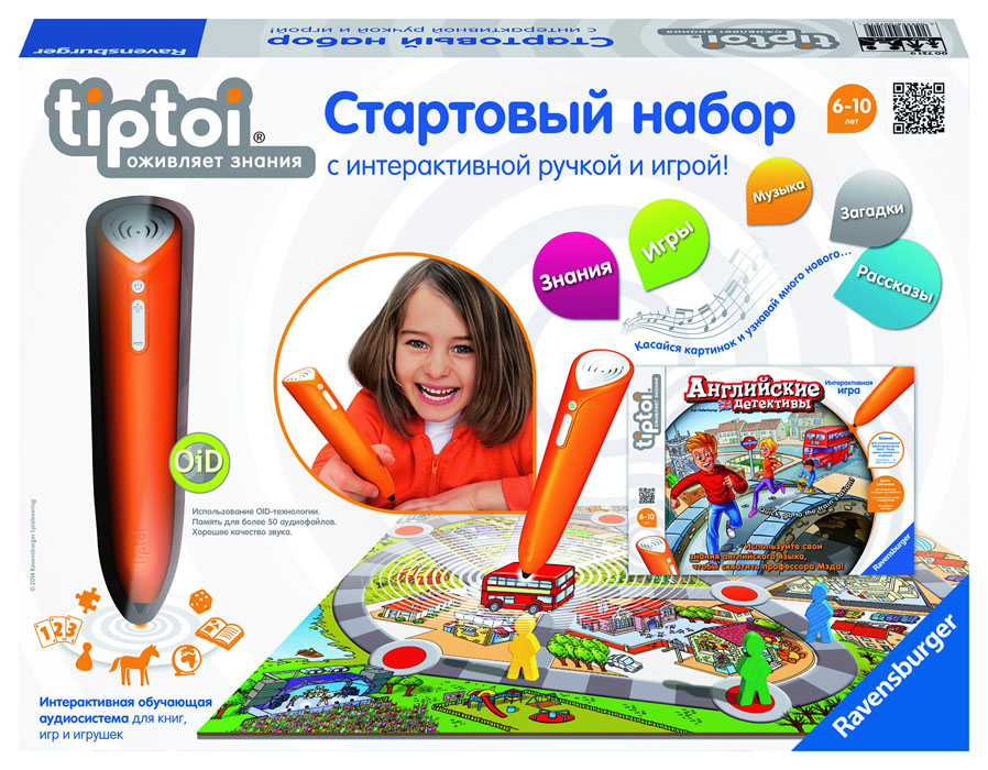 Стартовый набор Tip Toi с игрой Английские детективы7219 Стартовый набор Tip Toi с игрой Английские детективы7219Стартовый набор Tiptoi с игрой и интерактивной ручкой представляет собой интерактивную обучающую аудиосистему для книг, игр и игрушек. Теперь малыш сможет получать новые знания в развлекательном игровом формате, что намного увлекательнее чтения обычных обучающих книг. В наборе Английские детективы и уникальная интерактивная ручка Tiptoi. Захватывающая игра состоит из нескольких мини-игр и заданий, выполняя которые, ваш малыш узнает новые английские слова, научится правильно использовать, а главное - произносить их. В этом вашему ребенку поможет интерактивная ручка. Касаясь ручкой картинок и слов, изображенных на игровом поле и карточках, малыш услышит правильное произношение, а также перевод и транскрипцию слова. Главными героями игры являются детективы, которым нужно помочь сорвать планы коварного профессора Мэда. Ребенок будет увлеченно справляться с различными захватывающими заданиями, одновременно с этим пополняя свой словарный запас английских слов. В...