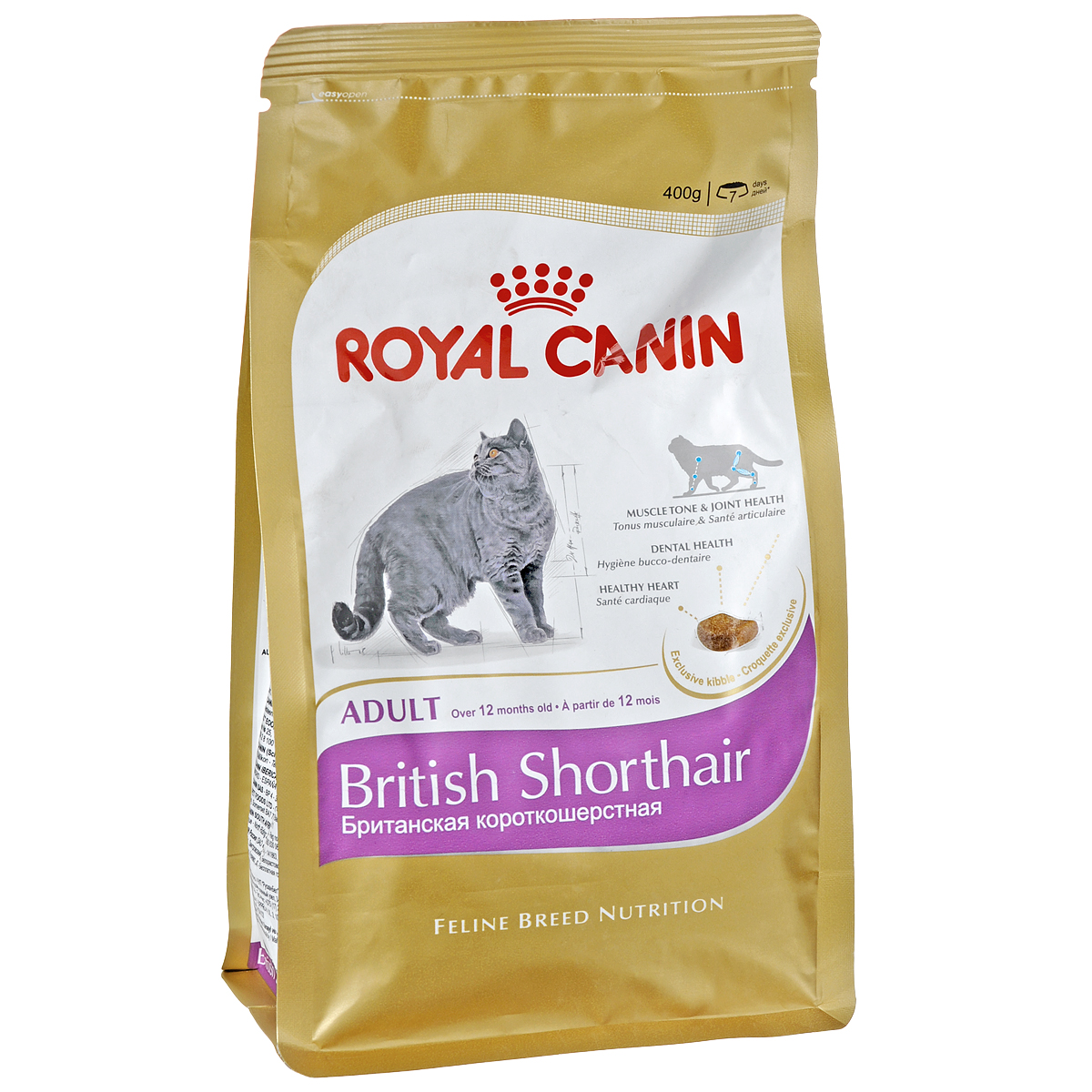 Корм сухой Royal Canin British Shorthair Adult, для британских короткошерстных кошек старше 12 месяцев, 400 г6402 Корм сухой Royal Canin British Shorthair Adult, для британских короткошерстных кошек старше 12 месяцев, 400 г6402Сухой корм Royal Canin British Shorthair Adult - полнорационный корм для британских короткошерстных кошек старше 12 месяцев. Британская короткошерстная кошка родом из Великобритании, что явствует из названия породы. Медленное разгрызание и поглощение корма: забота о гигиене ротовой полости. Чтобы кошка по возможности не проглатывала корм, не разгрызая, ей необходимы крокеты особой формы и размера — тогда их поедание будет более физиологичным. Это решает и проблему чистки зубов: таким образом поддерживается гигиена ротовой полости. Поддержание оптимальной формы. Мощные и коренастые, британские короткошерстные кошки испытывают повышенную нагрузку на суставы в сравнении с кошками меньшего веса. Крупное сердце — риск для здоровья. Эта порода имеет предрасположенность к сердечным заболеваниям. Соблюдение диетических рекомендаций — залог здоровья сердца! Мышечный тонус и здоровье суставов. У британской короткошерстной кошки мощное плотное телосложение, вследствие...