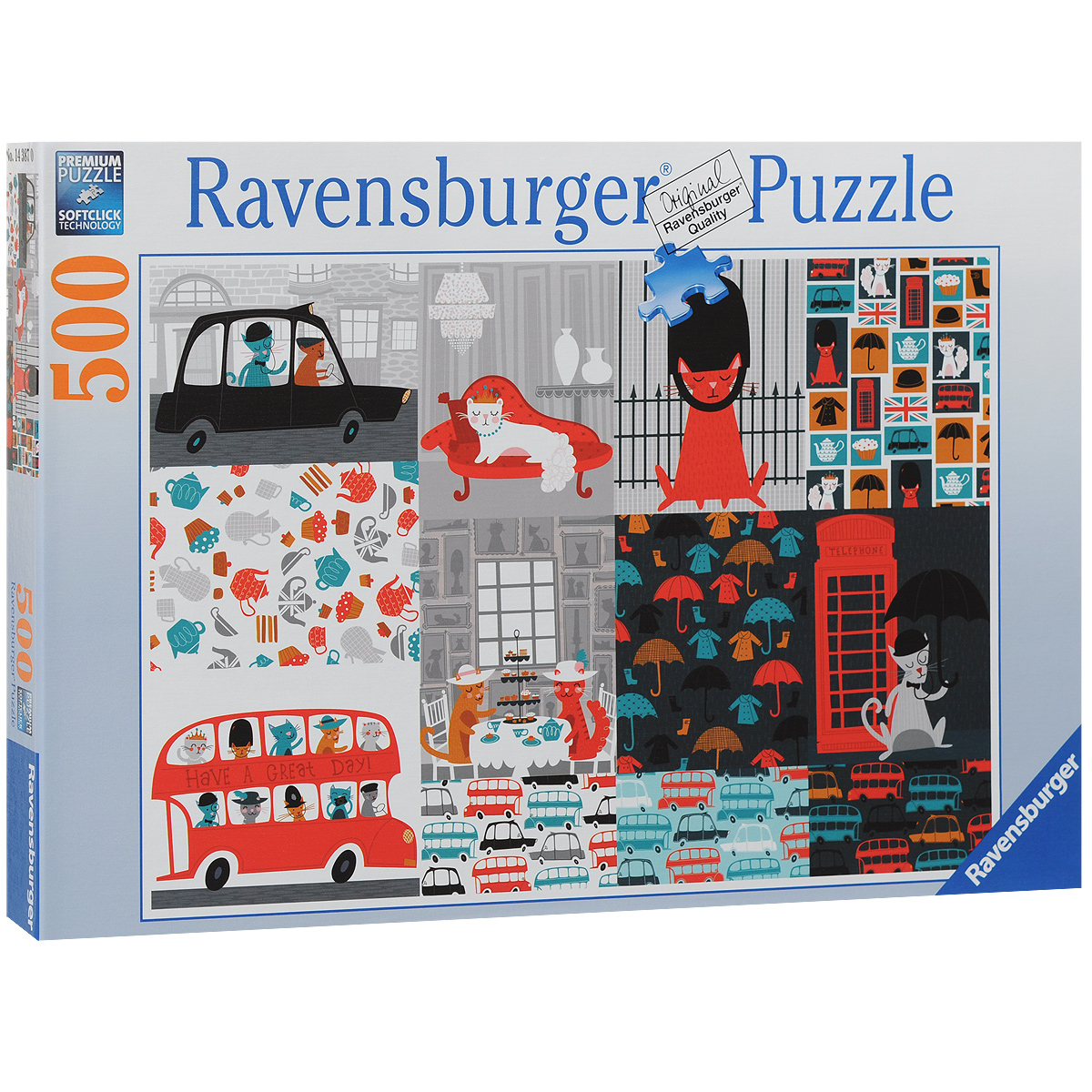Ravensburger Лондонские коты. Пазл, 500 элементов143870 Ravensburger Лондонские коты. Пазл, 500 элементов143870Пазл Ravensburger Лондонские коты, без сомнения, придется вам по душе. Собрав этот пазл, включающий в себя 500 элементов, вы получите великолепную картину с изображением котов. Каждая деталь имеет свою форму и подходит только на своё место. Нет двух одинаковых деталей! Пазл изготовлен из картона высочайшего качества. Все изображения аккуратно отсканированы и напечатаны на ламинированной бумаге. Пазл - великолепная игра для семейного досуга. Сегодня собирание пазлов стало особенно популярным, главным образом, благодаря своей многообразной тематике, способной удовлетворить самый взыскательный вкус. А для детей это не только интересно, но и полезно. Собирание пазла развивает мелкую моторику у ребенка, тренирует наблюдательность, логическое мышление, знакомит с окружающим миром, с цветом и разнообразными формами.
