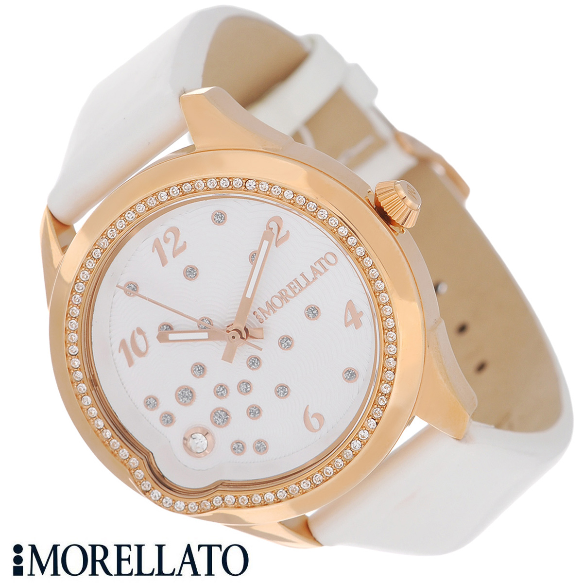 Часы женские наручные Morellato, цвет: белый, розовое золото. R0151111502R0151111502 Часы женские наручные Morellato, цвет: белый, розовое золото. R0151111502R0151111502Наручные женские часы Morellato оснащены кварцевым механизмом. Корпус выполнен из высококачественной нержавеющей стали с PVD-покрытием и по контуру циферблата инкрустирован кристаллами. Циферблат с арабскими цифрами украшен кристаллами и защищен минеральным стеклом. Часы имеют три стрелки - часовую, минутную и секундную. Ремешок часов выполнен из натуральной кожи и оснащен классической застежкой. Часы укомплектованы паспортом с подробной инструкцией. Часы Morellato отличаются уникальным, но в то же время простым и лаконичным стилем. Характеристики: Диаметр циферблата: 2,9 см. Размер корпуса: 3,7 см х 4 см х 0,9 см. Длина ремешка (с корпусом): 21,5 см. Ширина ремешка: 1,6 см.