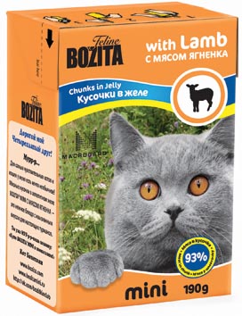 Консервы для кошек Bozita mini, мясные кусочки в желе, с мясом ягненка, 190 г2101 Консервы для кошек Bozita mini, мясные кусочки в желе, с мясом ягненка, 190 г2101Консервы Bozita mini - это полнорационное влажное питание супер премиум класса для кошек. Содержит 93% свежего шведского мяса, которое никогда не было заморожено. Состав: 93% свежего мяса: курица, свинина, мясо ягненка (4% в каждом кусочке), говядина, карбонат кальция, дрожжи MacroGard. Добавки на кг: витамин А 2000 МЕ, витамин D3 200 МЕ, витамин Е 12 мг, таурин 700 мг, медь 2 мг (сульфат меди-(II), пентагидрат), марганец 1,8 мг (оксид марганца -II и -III), цинк 14 мг (сульфат цинка, моногидрат), йод 0,1 мг (йодат кальция, моногидрат). Анализ: белок 8,5%, жир 4,5%, клетчатка 0,5%, зола 2,3% (кальций 0,35%, фосфор 0,3%, магний 0,02%), влага 83%. Питание не содержит ГМО. Энергетическая ценность: 280 кДж/100г. Вес: 190 г. Товар сертифицирован.
