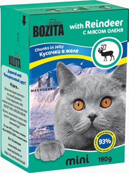 Консервы для кошек Bozita mini, мясные кусочки в желе, с мясом оленя, 190 г2102 Консервы для кошек Bozita mini, мясные кусочки в желе, с мясом оленя, 190 г2102Консервы Bozita mini - это полнорационное влажное питание супер премиум класса для кошек. Содержит 93% свежего шведского мяса, которое никогда не было заморожено. Состав: 93% свежего мяса: курица, свинина, мясо оленя (4% в каждом кусочке), говядина, карбонат кальция, дрожжи MacroGard. Добавки на кг: витамин А 2000 МЕ, витамин D3 200 МЕ, витамин Е 12 мг, таурин 700 мг, медь 2 мг (сульфат меди-(II), пентагидрат), марганец 1,8 мг (оксид марганца -II и -III), цинк 14 мг (сульфат цинка, моногидрат), йод 0,1 мг (йодат кальция, моногидрат). Анализ: белок 8,5%, жир 4,5%, клетчатка 0,5%, зола 2,3% (кальций 0,35%, фосфор 0,3%, магний 0,02%), влага 83%. Энергетическая ценность: 280 кДж/100г. Вес: 190 г. Товар сертифицирован.