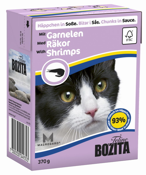 Консервы для кошек Bozita Feline, с креветками в соусе, 370 г4935 Консервы для кошек Bozita Feline, с креветками в соусе, 370 г4935Консервы Bozita Feline - это полнорационное влажное питание премиум класса для кошек. Содержит 93% свежего шведского мяса, которое никогда не было заморожено. Состав: курица, креветки (7,2% в порции), свинина, говядина, карбонат кальция, дрожжи MacroGard. Добавки на кг: витамин А 2000МЕ, витамин D3 200МЕ, витамин Е 12 мг, таурин 700 мг, медь 2 мг (сульфат меди-(II), пентагидрат), марганец 1,8 мг (оксид марганца -II и -III), цинк 14 мг (сульфат цинка, моногидрат), йод 0,1 мг (йодат кальция, моногидрат). Содержит все витамины и минералы, в которых нуждается ваш питомец. Анализ состава: белок 8,5%, жир 4,5%, клетчатка 0,5%, минеральные вещества (сырая зола 2,3%, кальций 0,35%, фосфор 0,3%, магний 0,02%), влага 83%. Продукт не содержит ГМО. Энергетическая ценность: 290 кДж/100г. Вес: 370 г. Товар сертифицирован.