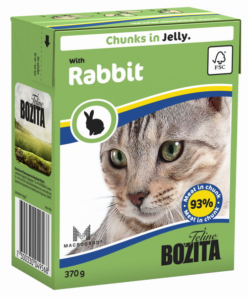 Консервы для кошек Bozita Feline, с кроликом в желе, 370 г4956 Консервы для кошек Bozita Feline, с кроликом в желе, 370 г4956Консервы Bozita Feline - это полнорационное влажное питание премиум класса для кошек. Содержит 93% свежего шведского мяса, которое никогда не было заморожено. Состав: курица, кролик (7,2% в порции), говядина, свинина, карбонат кальция, дрожжи. Добавки на кг: вит. А 2000МЕ, вит. D3 200МЕ, вит. Е 12 мг, таурин 700 мг, медь 2 мг (сульфат меди-(II), пентагидрат), марганец 1,8 мг (оксид марганца -II и -III), цинк 14 мг (сульфат цинка, моногидрат), йод 0,1 мг (йодат кальция, моногидрат). Содержит все витамины и минералы, в которых нуждается ваш питомец. Анализ: белок 8,5%, жир 4,5%, клетчатка 0,5%, минеральные вещества (сырая зола) 2,3% (кальций 0,35%, фосфор 0,3%, магний 0,02%), влага 83%. Продукт не содержит ГМО. Энергетическая ценность: 290 кДж/100г. Вес: 370 г. Товар сертифицирован.