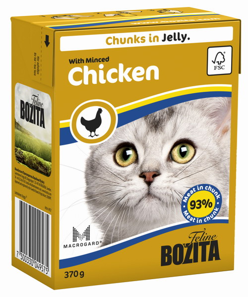 Консервы для кошек Bozita Feline, с рубленой курицей в желе, 370 г4957 Консервы для кошек Bozita Feline, с рубленой курицей в желе, 370 г4957Консервы Bozita Feline - это полнорационное влажное питание премиум класса для кошек. Содержит 93% свежего шведского мяса, которое никогда не было заморожено. Состав: курица (92% в порции), свинина, говядина, карбонат кальция, дрожжи MacroGard. Добавки на кг: витамин А 2000МЕ, витамин D3 200МЕ, витамин Е 12 мг, таурин 700 мг, медь 2 мг (сульфат меди-(II), пентагидрат), марганец 1,8 мг (оксид марганца -II и -III), цинк 14 мг (сульфат цинка, моногидрат), йод 0,1 мг (йодат кальция, моногидрат). Содержит все витамины и минералы, в которых нуждается ваш питомец. Технические добавки на кг: кассия десен 1180 мг. Анализ состава: белок 8,5%, жир 4,5%, клетчатка 0,5%, минеральные вещества (сырая зола 2,3%, кальций 0,35%, фосфор 0,3%, магний 0,02%), влага 83%. Продукт не содержит ГМО. Энергетическая ценность: 290 кДж/100г. Вес: 370 г. Товар сертифицирован.
