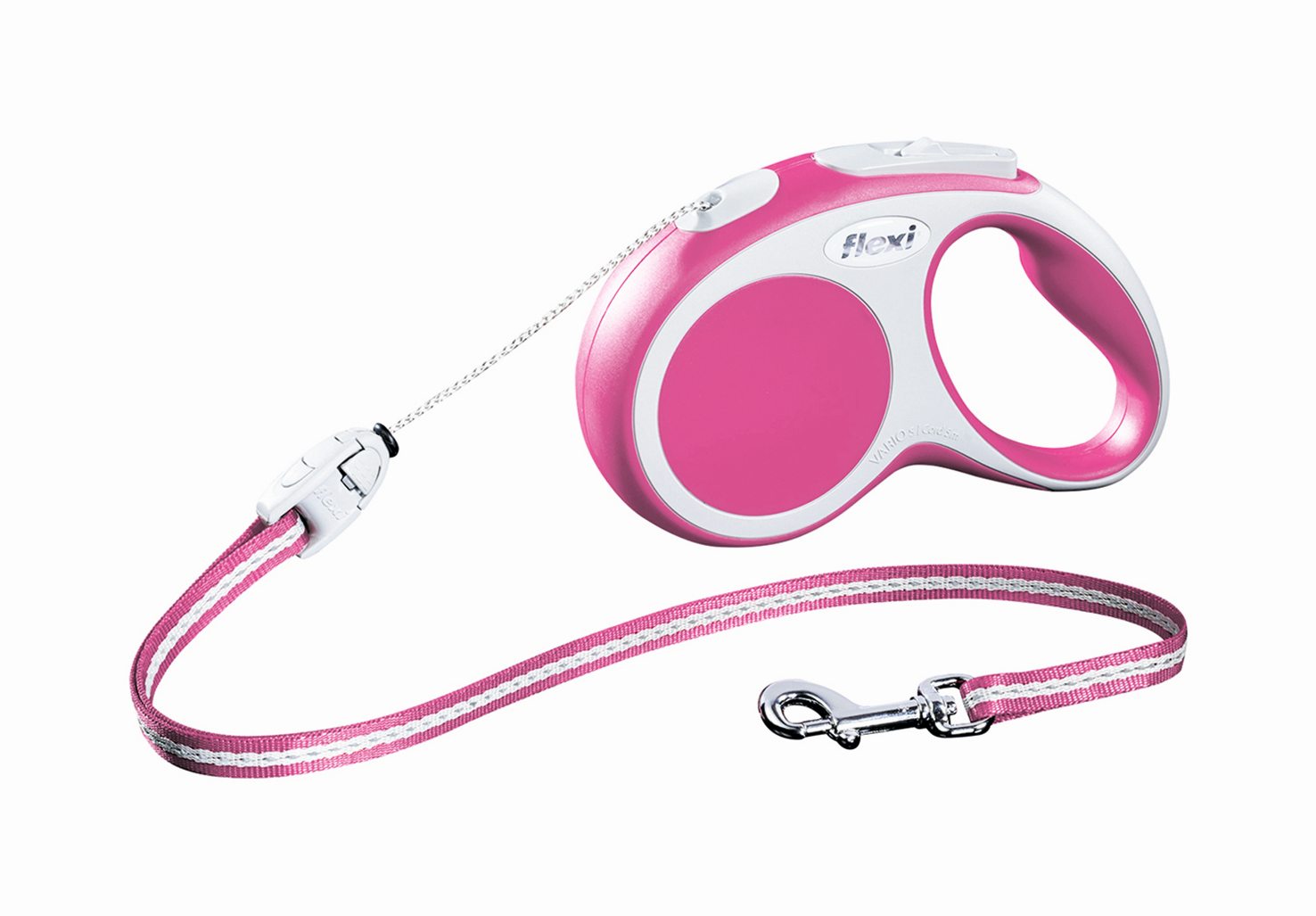 Поводок-рулетка Flexi Vario Basic S для собак до 12 кг, цвет: розовый, 5 м019153 Поводок-рулетка Flexi Vario Basic S для собак до 12 кг, цвет: розовый, 5 м019153Поводок-рулетка Flexi Vario Basic S изготовлен из пластика и нейлона. Тросовый поводок обеспечивает каждой собаке свободу движения, что идет на пользу здоровью и радует вашего четвероногого друга. Рулетка очень проста в использовании, оснащена кнопками кратковременной и постоянной фиксации. Ее можно оснастить - мультибоксом для лакомств или пакетиков для сбора фекалий, LED подсветкой корпуса, своркой или ремнем с LED подсветкой. Поводок имеет прочный корпус, хромированную застежку и светоотражающие элементы. Длина поводка: 5 м. Товар сертифицирован.