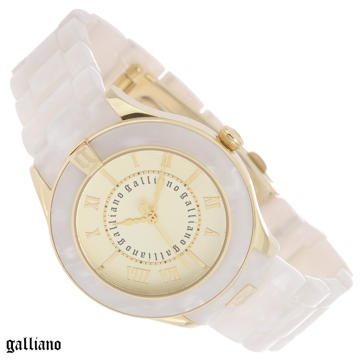 Часы женские наручные Galliano, цвет: белый, золотой. R2553108504R2553108504 Часы женские наручные Galliano, цвет: белый, золотой. R2553108504R2553108504Наручные женские часы Galliano оснащены кварцевым механизмом. Корпус выполнен из высококачественной нержавеющей стали, безель - из пластика. Циферблат с римскими цифрами защищен минеральным стеклом. Часы имеют три стрелки - часовую, минутную и секундную. Браслет часов выполнен из пластика и оснащен раскладывающейся застежкой. Часы укомплектованы паспортом с подробной инструкцией. Часы Galliano благодаря своему великолепному дизайну и качеству исполнения станут главным акцентом вашего образа. Характеристики: Диаметр циферблата: 2,8 см. Размер корпуса: 3,7 см х 3,7 см х 0,8 см. Длина браслета (с корпусом): 27 см. Ширина браслета: 1,7 см.