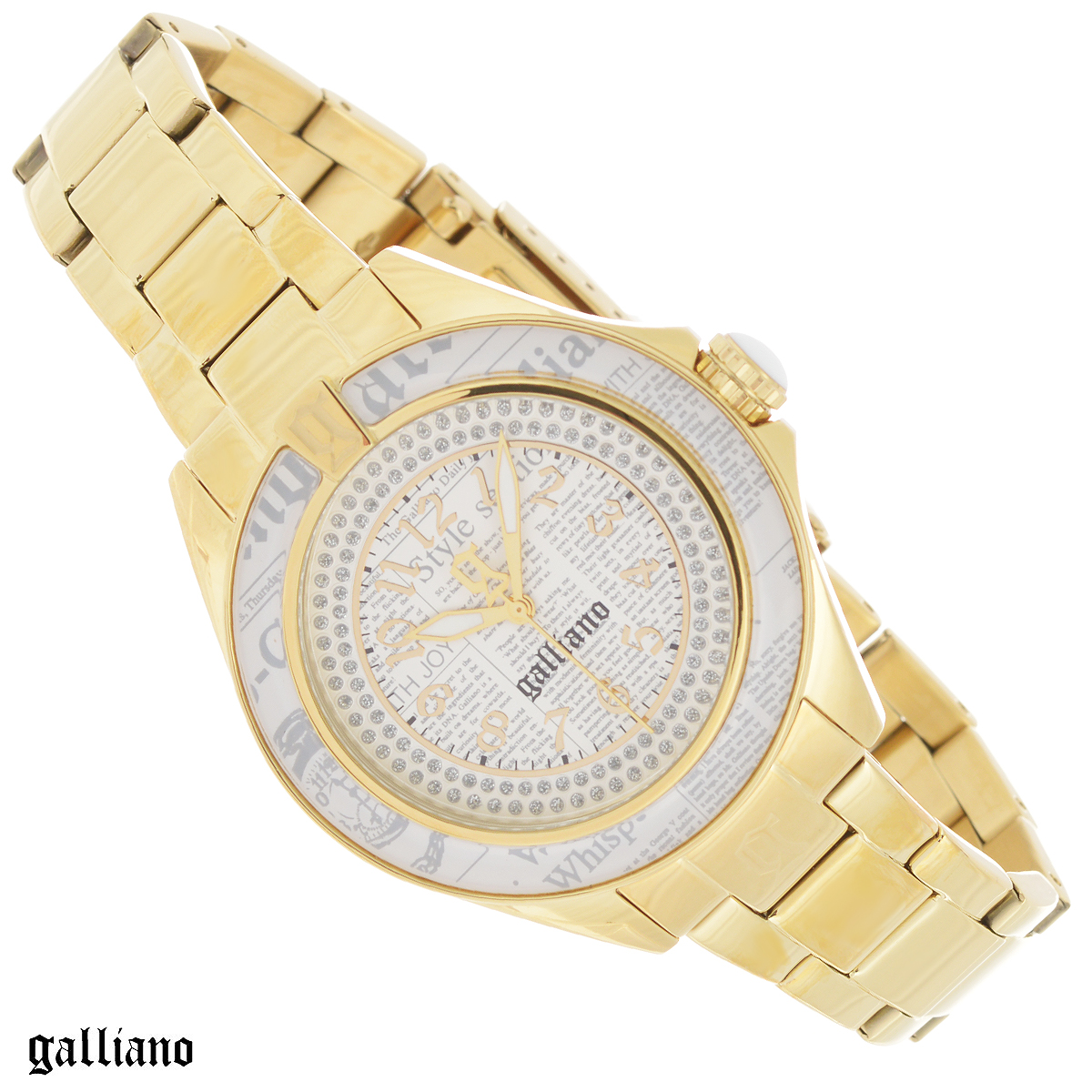 Часы женские наручные Galliano, цвет: золотой. R2553105505R2553105505 Часы женские наручные Galliano, цвет: золотой. R2553105505R2553105505Наручные женские часы Galliano оснащены кварцевым механизмом. Корпус выполнен из высококачественной нержавеющей стали с PVD-покрытием, безель - из высокотехнологичной смолы. Циферблат с арабскими цифрами декорирован кристаллами и защищен минеральным стеклом. Часы имеют три стрелки - часовую, минутную и секундную. Заводная головка с защитой украшена камнем в форме кабошона. Циферблат и безель украшены принтом газета. Браслет часов выполнен из нержавеющей стали с PVD-покрытием оснащен раскладывающейся застежкой. Часы укомплектованы паспортом с подробной инструкцией. Часы Galliano благодаря своему великолепному дизайну и качеству исполнения станут главным акцентом вашего образа. Характеристики: Диаметр циферблата: 2,9 см. Размер корпуса: 3,9 см х 3,9 см х 1 см. Длина браслета (с корпусом): 24,5 см. Ширина браслета: 1,5 см.
