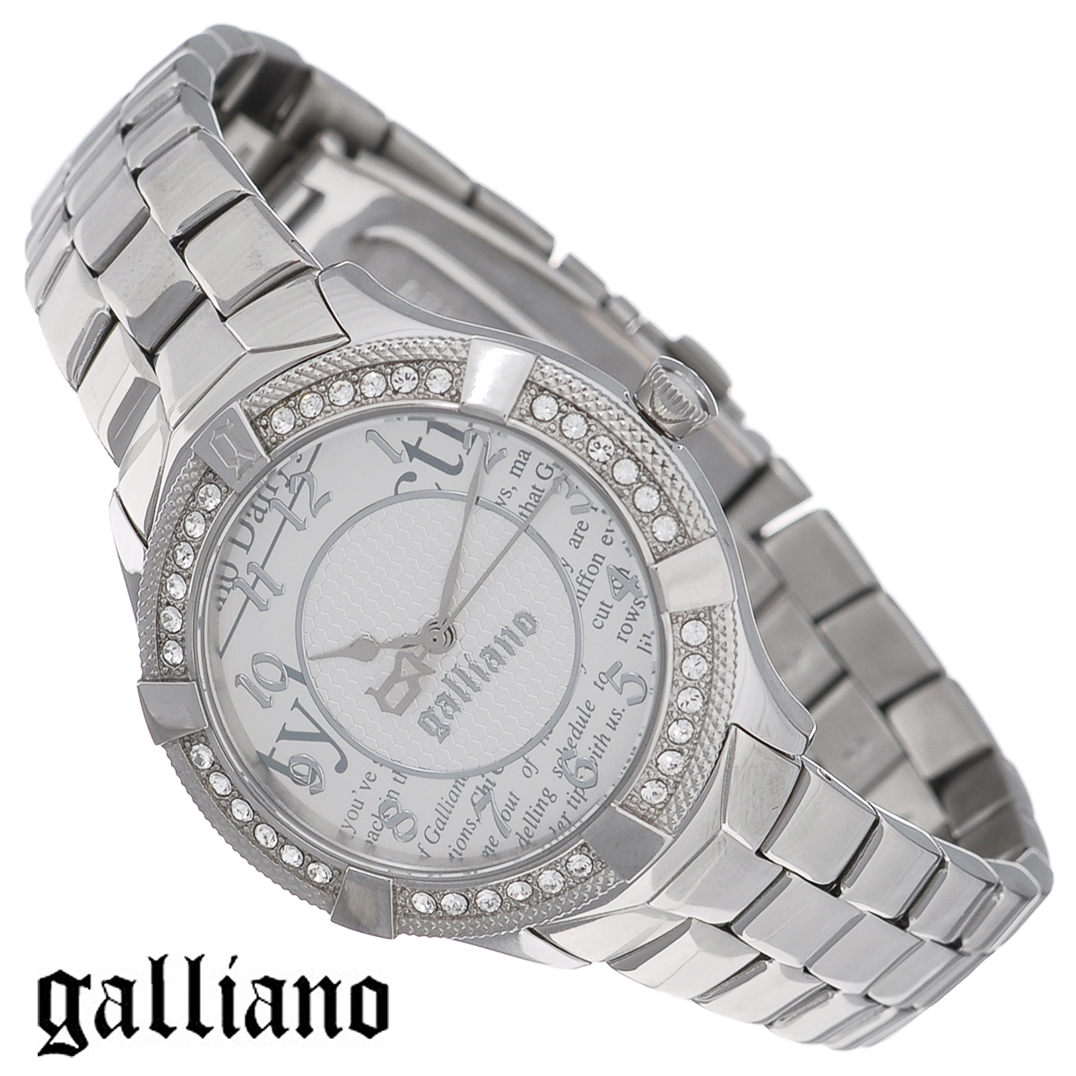 Часы женские наручные Galliano, цвет: серебристый. R2553113502R2553113502 Часы женские наручные Galliano, цвет: серебристый. R2553113502R2553113502Наручные женские часы Galliano оснащены кварцевым механизмом. Корпус выполнен из высококачественной нержавеющей стали и инкрустирован кристаллами. Циферблат с арабскими цифрами защищен минеральным стеклом. Часы имеют три стрелки - часовую, минутную и секундную. Браслет часов выполнен из нержавеющей стали и оснащен раскладывающейся застежкой. Часы укомплектованы паспортом с подробной инструкцией. Часы Galliano благодаря своему великолепному дизайну и качеству исполнения станут главным акцентом вашего образа. Характеристики: Диаметр циферблата: 3 см. Размер корпуса: 3,8 см х 4 см х 1 см. Длина браслета (с корпусом): 26 см. Ширина браслета: 1,6 см.