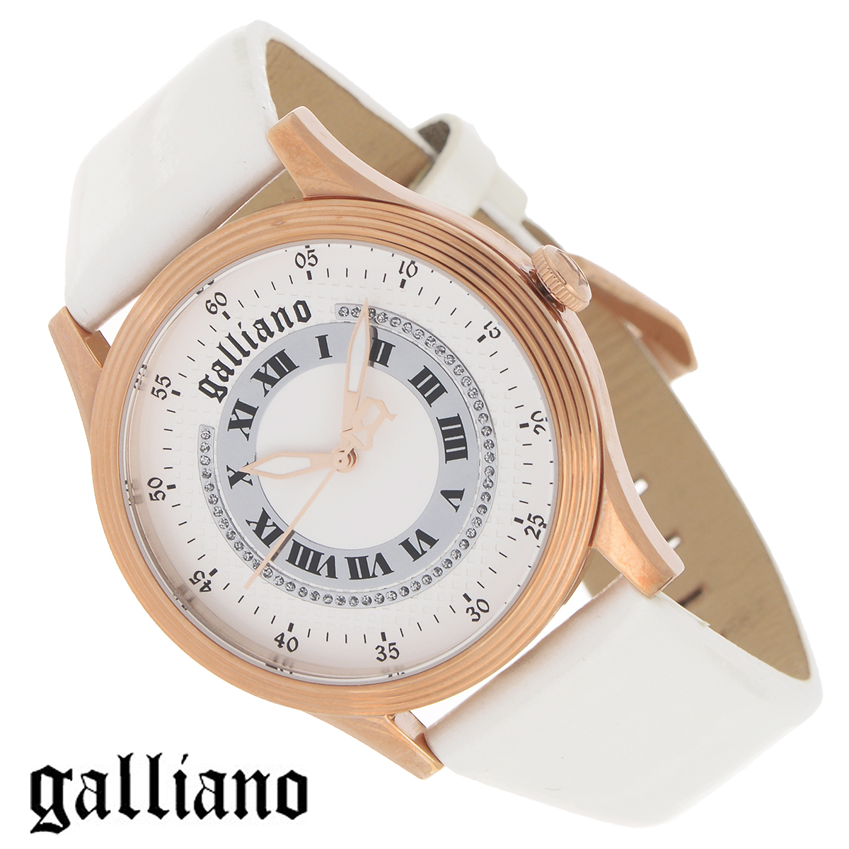 Часы женские наручные Galliano, цвет: белый, золотой. R2551104501R2551104501 Часы женские наручные Galliano, цвет: белый, золотой. R2551104501R2551104501Наручные женские часы Galliano оснащены кварцевым механизмом. Корпус выполнен из высококачественной нержавеющей стали с PVD-покрытием. Гильошированный циферблат с римскими цифрами декорирован кристаллами и защищен минеральным стеклом. Часы имеют три стрелки - часовую, минутную и секундную. Ремешок часов выполнен из натуральной кожи и оснащен классической застежкой. Часы укомплектованы паспортом с подробной инструкцией. Часы Galliano благодаря своему великолепному дизайну и качеству исполнения станут главным акцентом вашего образа. Характеристики: Диаметр циферблата: 3,3 см. Размер корпуса: 3,8 см х 3,8 см х 0,8 см. Длина ремешка (с корпусом): 21,5 см. Ширина ремешка: 1,6 см.