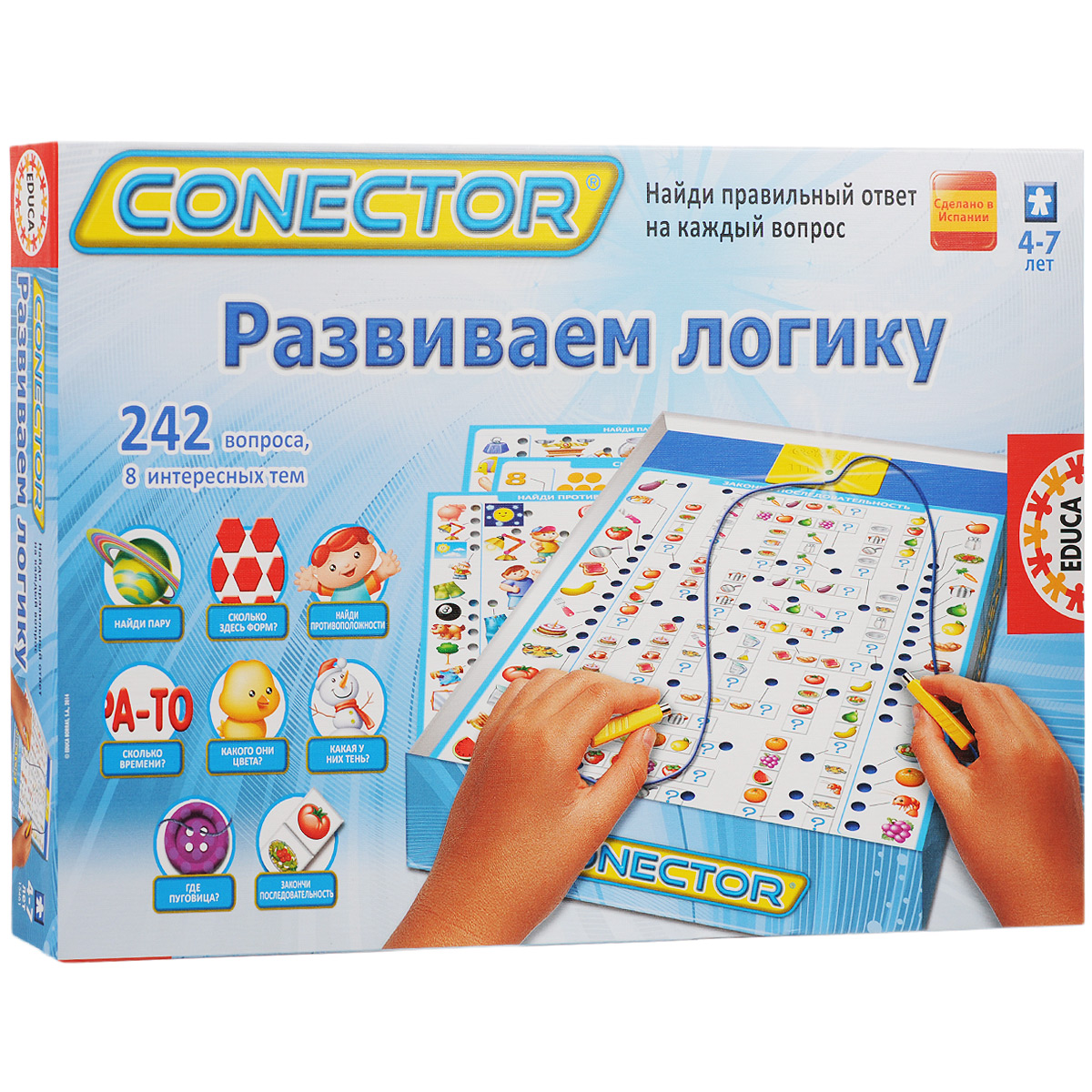 Электровикторина Educa Conector Развиваем логику15461 Электровикторина Educa Conector Развиваем логику15461Электровикторина Educa Conector Развиваем логику - это увлекательная игра в вопросы и ответы, которая поможет детям открыть и узнать много нового в различных областях знаний. Вопросы по каждой теме были разработаны профессиональными педагогами с учетом детской психологии. Вопросы соединяются с ответами посредством электронной схемы. Правильные ответы на всех карточках расположены по-разному, поэтому ребенок не может схитрить и должен руководствоваться собственными знаниями. Одновременно может играть один и более игроков. Комплект игры состоит из электронной схемы для самопроверки и 8 иллюстрированных карточек, содержащих 242 вопроса по основным образовательным темам: Найди противоположности, Найди пару, Закончи последовательность, Какая у них тень, Какого они цвета?, Сколько времени?, Сколько здесь форм?, Где пуговица?. Также прилагается инструкция на русском языке. Необходимо докупить 2 батарейки напряжением 1,5V типа LR6 (АА) (не входят в комплект). ...