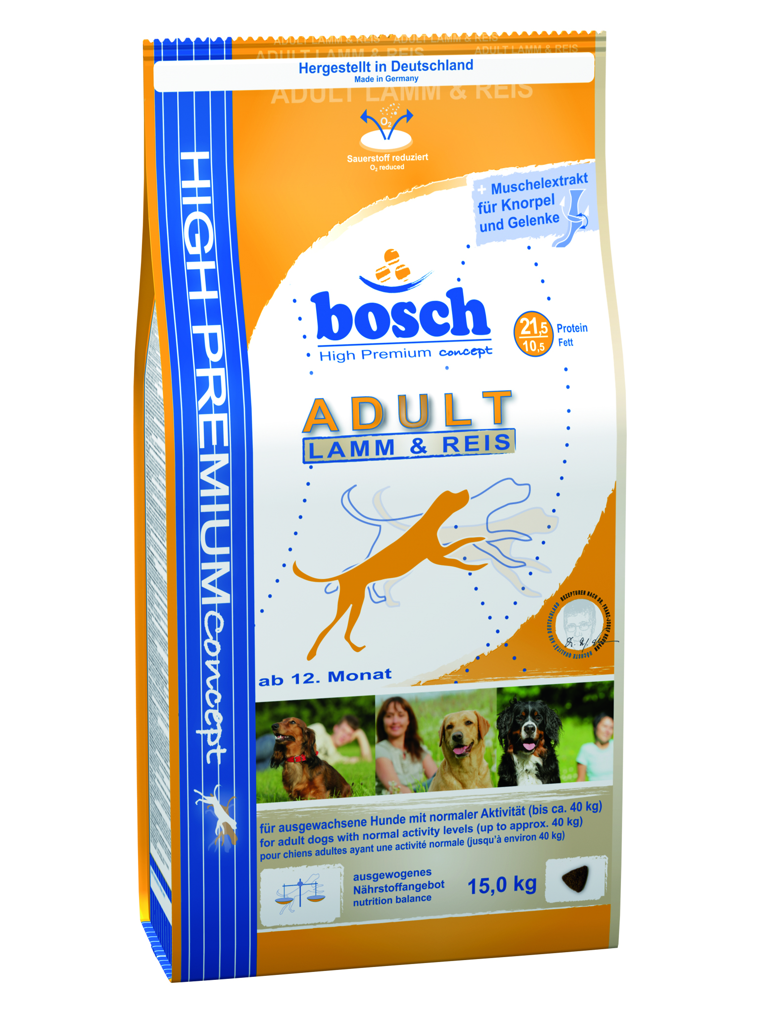 Корм сухой Bosch Adult Lamb & Rice, для взрослых собак, с ягненком и рисом, 15 кг55110015 Корм сухой Bosch Adult Lamb & Rice, для взрослых собак, с ягненком и рисом, 15 кг55110015Корм сухой Bosch Adult Lamb & Rice - полноценный корм для взрослых собак средней активности. Оптимальное соотношение протеина и жира обеспечивает животное необходимой энергией на целый день. Bosch adult lamb & rice легко усвояем, что обеспечивает организму нормальное пищеварение, а благодаря высококачественному мясу ягненка, которое имеет очень низкий аллергенный потенциал, данный корм подходит для собак склонных к аллергии. Состав: мясо домашней птицы, ячмень, кукуруза, пшеничная мука, пшеница, мука из мяса ягнёнка, рис, просеянные пшеничные отруби, животный жир, гидролизованное мясо, рыбная мука, свекольная пульпа, рыбий жир, дрожжи, горох, поваренная соль, мука из мидий, хлорид калия, цикориевая пудра. Добавки (в 1 кг): Питательные добавки: Витамин А: 12,000 МЕ/кг, Витамин D3: 1,200 МЕ/кг, Витамин Е: 70 мг. Содержание питательных веществ: протеин 21,5%, содержание жира 10,5%, клетчатка 2,5%, минеральные вещества 6%, влажность...