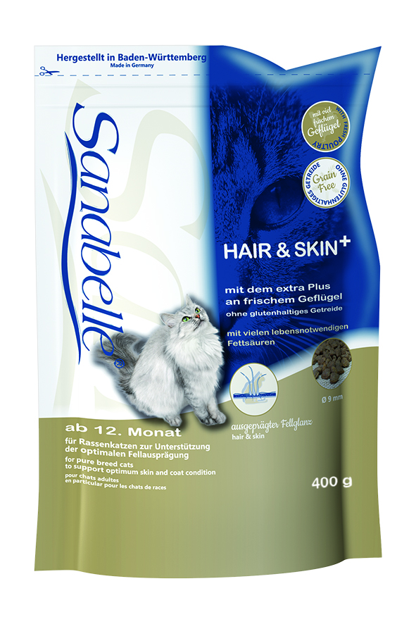 Корм сухой Sanabelle Hair & Skin, для выставочных и привередливых кошек, 400 г57819 Корм сухой Sanabelle Hair & Skin, для выставочных и привередливых кошек, 400 г57819Корм сухой Sanabelle Hair & Skin - полноценный корм для выставочных и привередливых кошек. Поддерживает кожу и шерсть в оптимальной кондиции. Обеспечьте питомца постоянным свободным доступом к свежей воде. Состав: мясо домашней птицы (20%), кукуруза, ячмень, животный жир, мука из лосося, печень, гидролизованное мясо, жировая клетчатка, мука из свежего мяса, клетчатка, яичный порошок, свекольная пульпа, льняное семя, дрожжи, рыбий жир, хлорид калия, поваренная соль, клюква, черника, мука из мидий, цикориевая пудра, сушёные цветки бархатцев, экстракт юкки. Добавки (в 1 кг): Питательные добавки: Витамин A: 25000 ME, Витамин D3: 1500 ME, Железо: 46 мг, Йод: 2 мг, Марганец: 60 мг, Цинк: 75 мг, Ceлeн: 0,2 мг. Содержание питательных веществ: Белки: 33%, жиры: 19%, минеральные вещества: 5,9%, клетчатка пищевая: 4,5%, протеин: 32%. Товар сертифицирован.