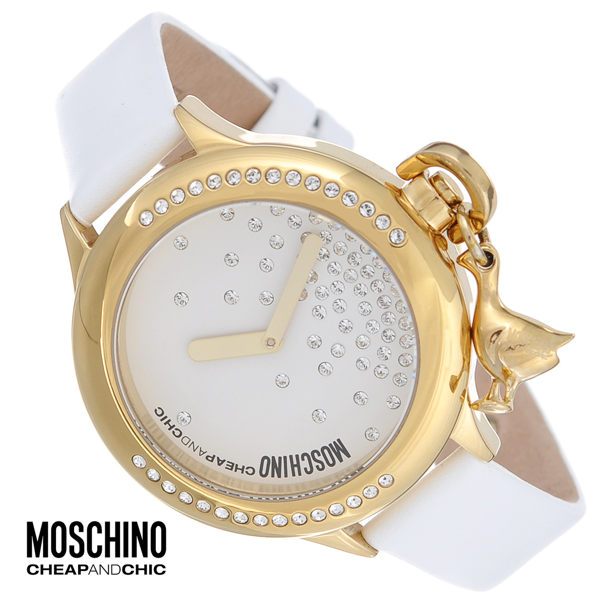 Часы женские наручные Moschino, цвет: белый, золотой. MW0044MW0044 Часы женские наручные Moschino, цвет: белый, золотой. MW0044MW0044Наручные часы от известного итальянского бренда Moschino - это не только стильный и функциональный аксессуар, но и современные технологи, сочетающиеся с экстравагантным дизайном и индивидуальностью. Часы Moschino оснащены кварцевым механизмом. Корпус выполнен из высококачественной нержавеющей стали с PVD-покрытием. Циферблат декорирован россыпью кристаллов и защищен минеральным стеклом. Заводная головка оформлена подвеской в виде птицы. Часы имеют две стрелки - часовую и минутную. Ремешок часов выполнен из натуральной кожи и оснащен классической застежкой. Часы упакованы в фирменную металлическую коробку с логотипом бренда. Часы Moschino благодаря своему уникальному дизайну отличаются от часов других марок своеобразными циферблатами, функциональностью, а также набором уникальных технических свойств. Каждой модели присуща легкая экстравагантность, самобытность и, безусловно, великолепный вкус. Характеристики: Диаметр...