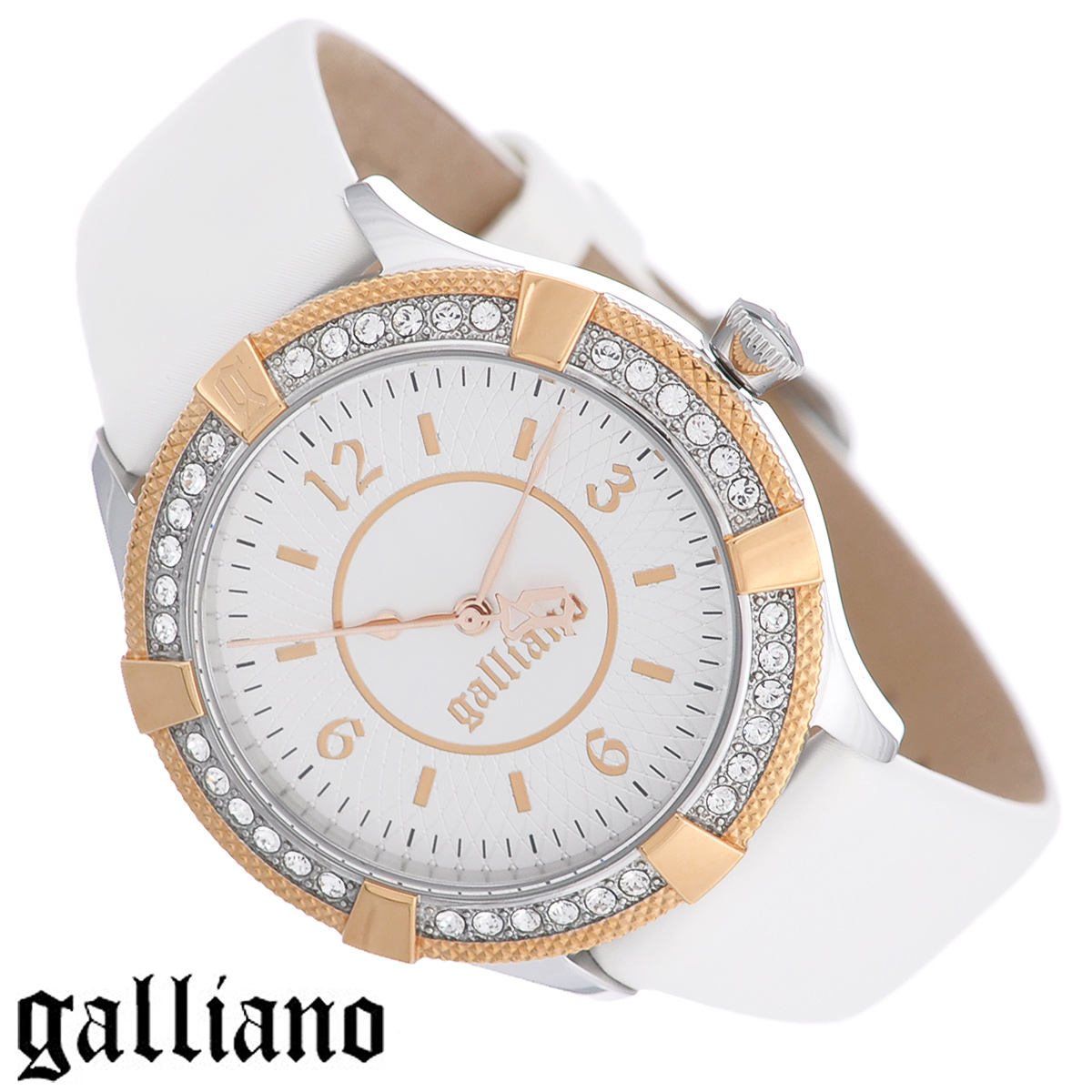 Часы женские наручные Galliano, цвет: белый, золотой. R2551113501R2551113501 Часы женские наручные Galliano, цвет: белый, золотой. R2551113501R2551113501Наручные женские часы Galliano оснащены кварцевым механизмом. Корпус выполнен из высококачественной нержавеющей стали и инкрустирован кристаллами. Циферблат с арабскими цифрами и отметками защищен минеральным стеклом. Часы имеют три стрелки - часовую, минутную и секундную. Ремешок часов выполнен из натуральной кожи и оснащен классической застежкой. Часы укомплектованы паспортом с подробной инструкцией. Часы Galliano благодаря своему великолепному дизайну и качеству исполнения станут главным акцентом вашего образа. Характеристики: Диаметр циферблата: 2,8 см. Размер корпуса: 3,6 см х 3,6 см х 0,9 см. Длина ремешка (с корпусом): 21 см. Ширина ремешка: 1,7 см.