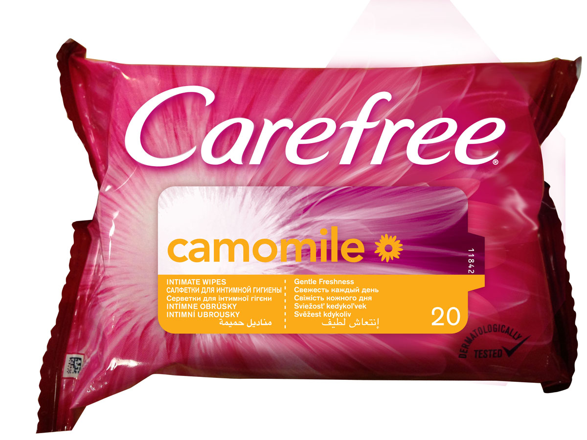 Carefree Салфетки влажные Camomile, для интимной гигиены, 20 шт44594/80047 Carefree Салфетки влажные Camomile, для интимной гигиены, 20 шт44594/80047Откройте секреты ежедневной свежести с влажными салфетками для интимной гигиены CAREFREE®. Они нежно очищают кожу и позволяют чувствовать свежесть в любое время. Содержат экстракт Ромашки. Они поддерживают естественный уровень pH и подходят для ежедневного применения всегда и везде. Товар сертифицирован.