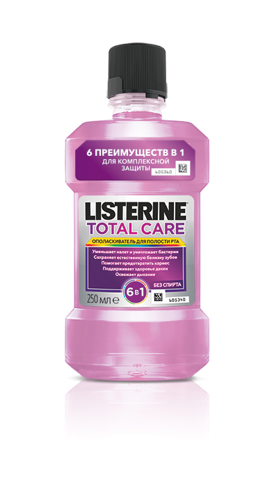 Listerine Ополаскиватель для полости рта Total Care, 250 мл82214 Listerine Ополаскиватель для полости рта Total Care, 250 мл82214Уменьшает налет и уничтожает бактерии. Сохраняет естественную белизну зубов. Помогает предотвратить кариес. Поддерживает здоровье десен. Освежает дыхание. Ополаскиватель для полости рта Total Care содержит уникальную формулу с эфирными маслами и фторидом, которая: уменьшает образование зубного налета; поддерживает здоровье десен; содержит фторид для защиты от кариеса; помогает предотвратить появление пятен на зубах, сохраняя их естественную белизну; уничтожает бактерии - основную причину образования налета и заболеваний зубов и десен; освежает дыхание. Товар сертифицирован.