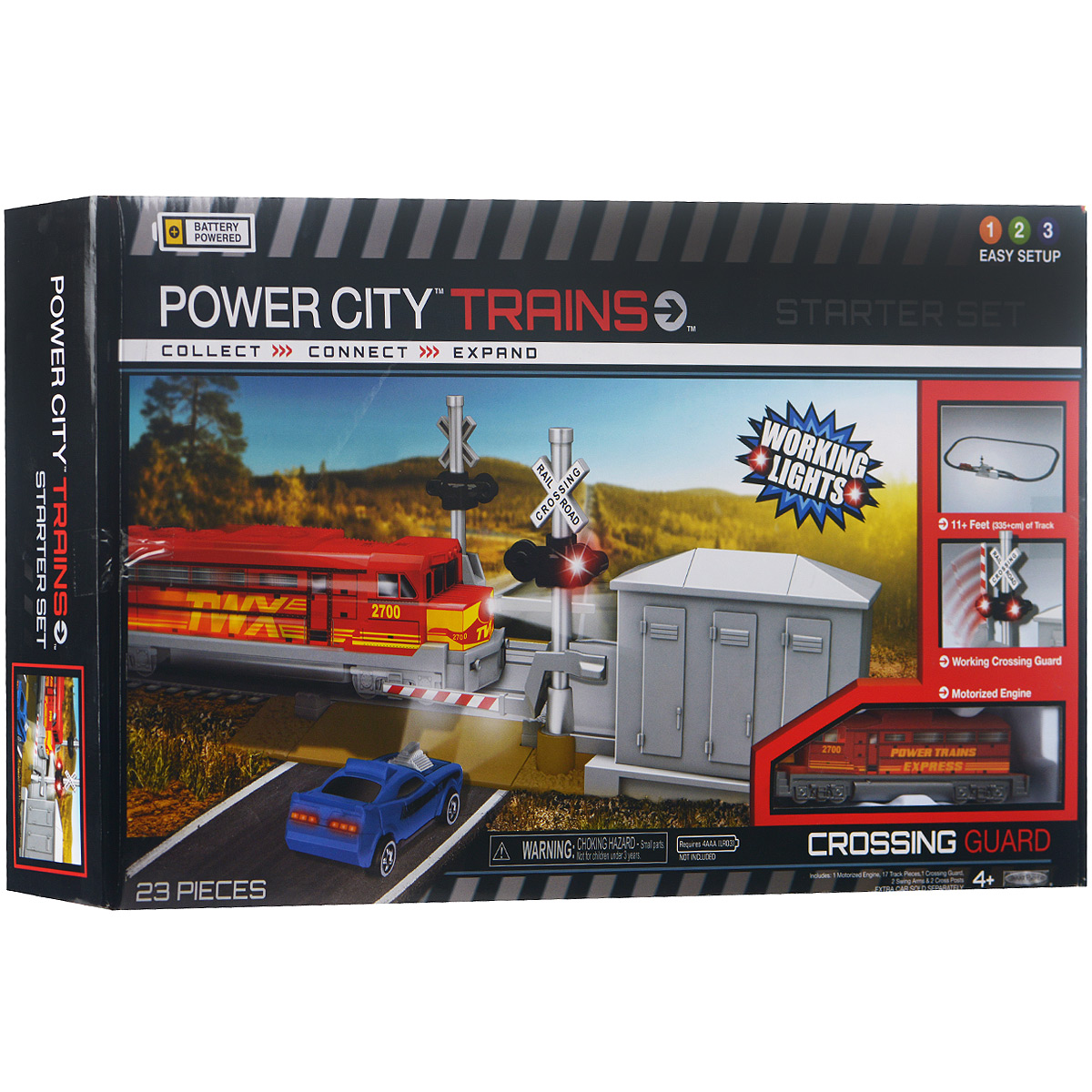 PowerTrains Игровой набор Переезд71943 PowerTrains Игровой набор Переезд71943Игровой набор PowerTrains Переезд привлечет внимание вашего ребенка и не позволит ему скучать. Набор включает в себя грузовой локомотив, пост дежурного по переезду, столбики железнодорожного переезда, 2 поворотных рычага, 17 элементов железнодорожного полотна и пошаговую иллюстрированную инструкцию на русском языке. Локомотив может двигаться по ровной поверхности или по путям PowerTrains с быстрой или медленной скоростью. Когда оба поворотных рычага опущены, сигнальные фонари переезда мигают. Станция встраивается в любой набор PowerTrains. Набор поможет ребенку не только получать удовольствие от игры, но и развивать пространственное воображение, мелкую моторику рук и координацию движений. Для работы локомотива необходимо докупить 2 батарейки напряжением 1,5V типа ААА (не входят в комплект). Для работы сигнальных фонарей рекомендуется докупить 2 батарейки напряжением 1,5V типа АG13 (входят в комплект).