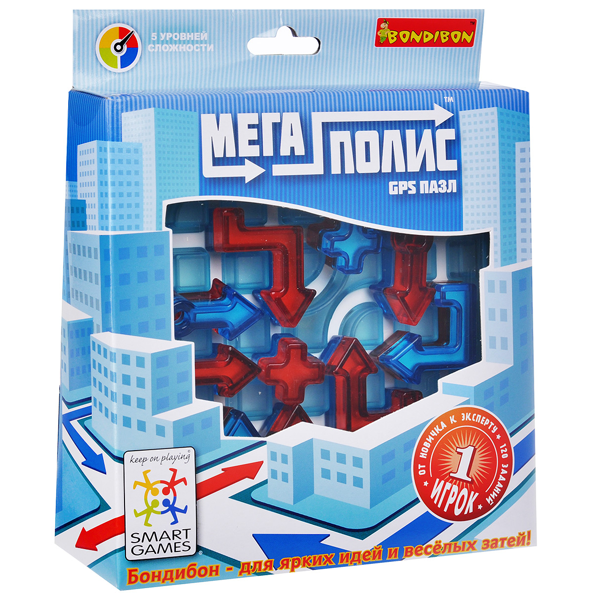 Логическая игра Bondibon Smartgames Мегаполис-GPS пазлВВ1056 Логическая игра Bondibon Smartgames Мегаполис-GPS пазлВВ1056Логическая игра Bondibon Smartgames Мегаполис-GPS пазл - это уникальная игра-головоломка для детей и взрослых! Игра предусматривает 120 заданий пяти уровней сложности, в ходе которых игрокам предстоит попробовать себя в роли и диспетчера, и штурмана, и стать собственным GPS. Задания бывают двух видов: Экспресс-доставка и Два маршрута одновременно. Необходимо первым пройти сложный лабиринт и быстро прибыть в свой пункт назначения. При этом игрокам предстоит задавать позиции и прокладывать траектории поездки автомобиля по сложным лабиринтам улиц города. Нужно расположить каждую деталь на игровом поле таким образом, чтобы все автомобили оказались на нужных стартовых позициях и поехали в правильных направлениях. В набор входят: удобная игровая доска с отделением для хранения элементов, два буклета с двумя видами заданий и ответами к ним, 10 элементов в виде 8 стрелочек и 2 знаков + и правила игры на русском языке. Логическая игра Bondibon Smartgames...
