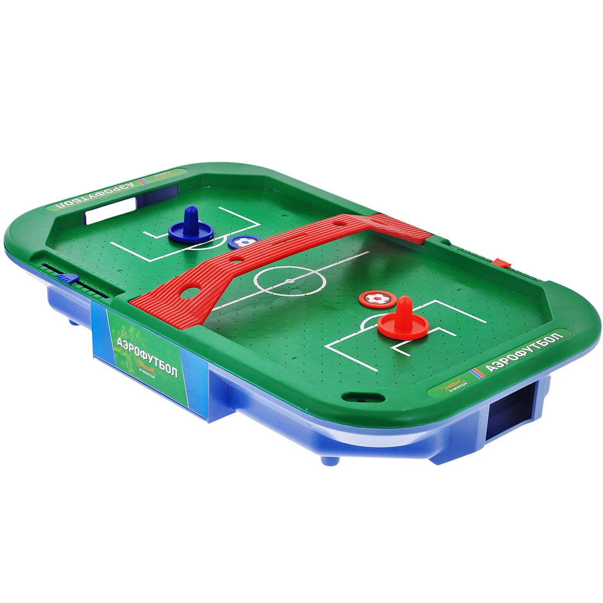 Настольная игра X-Match Аэрофутбол66450 Настольная игра X-Match Аэрофутбол66450Настольная игра X-Match Аэрофутбол - увлекательное состязание для двух участников, которое позволит весело провести время в компании друг, развить отличную реакцию, а также поддержать хорошую физическую форму. С помощью бит игроки защищают свои ворота и забивают в ворота противника шайбы, оформленные изображением футбольного мяча. Набор состоит из игрового поля с двумя табло для фиксации счета, перегородки, двух шайб и двух бит. Игровое поле представляет собой гладкую игровую поверхность зеленого цвета, окруженную бортиком, предотвращающим падение шайбы и бит. По краям поля расположены ворота с отверстиями, через которые возвращается забитая шайба. При помощи небольших дырочек на игровой поверхности создается циркуляция воздуха, уменьшая трение и увеличивая тем самым скорость игры. Порадуйте ребенка таким замечательным подарком! Необходимо докупить 2 батарейки напряжением 1,5V типа D (LR20) (не входят в комплект).