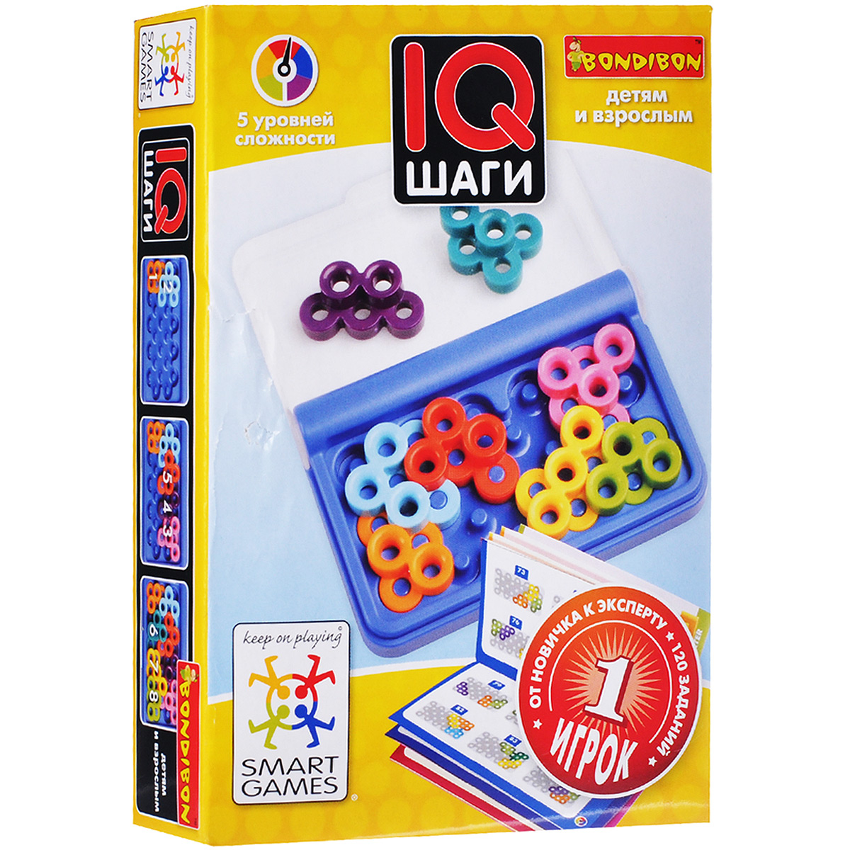 Логическая игра Bondibon Smartgames IQ-ШагиВВ1055 Логическая игра Bondibon Smartgames IQ-ШагиВВ1055Захватывающая карманная головоломка, которую удобно брать в дорогу. Правда ли, что странные композиции, составленные из разноцветных колечек головоломки в пластмассовой коробочке IQ-Шаги, могут изменить жизнь? Эксперименты показывают, что любой человек может развить свою гениальность путем умственных упражнений, и логические игры - лучшая помощь в этом деле. Игра с виду может показаться очень простой, но стоит открыть задание и попытаться заполнить игровое поле причудливыми деталями, то сразу включается логическое и пространственное мышление. Маленькая коробочка с игрой содержит 8 деталей и имеет 120 заданий разных уровней сложности. Если в вашем кармане или сумочке лежит такая игра, то вы всегда сможете поддерживать свой интеллектуальный тонус. Развивайте свой ум и реакцию, становитесь счастливее и уверенней в себе, решая интересные логические задачи! Игра имеет 5 уровней сложности. С ее помощью можно развить логическое мышление и познавательные способности, социальное развитие,...